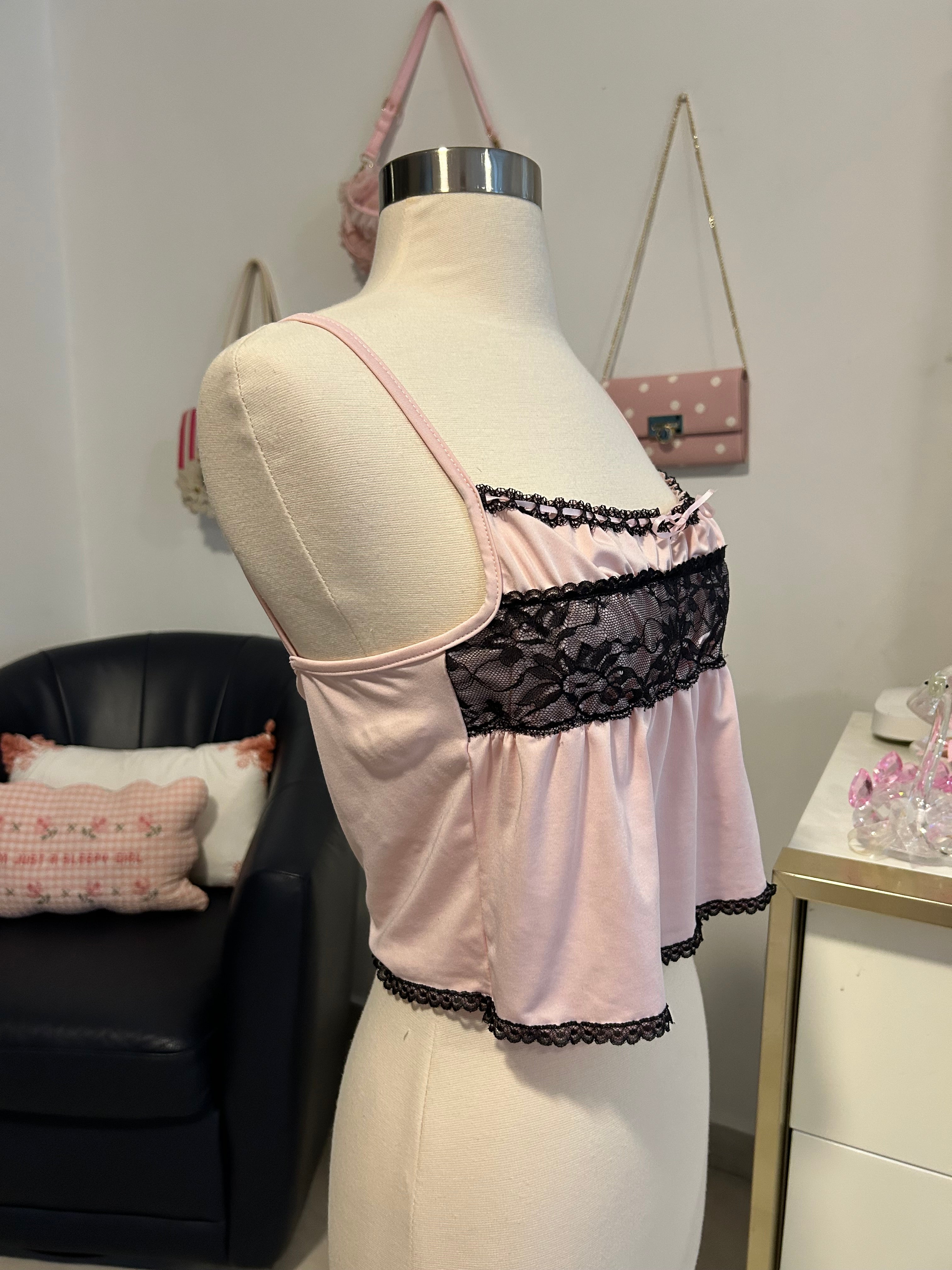 Pink & Black Lace Cropped Top-S