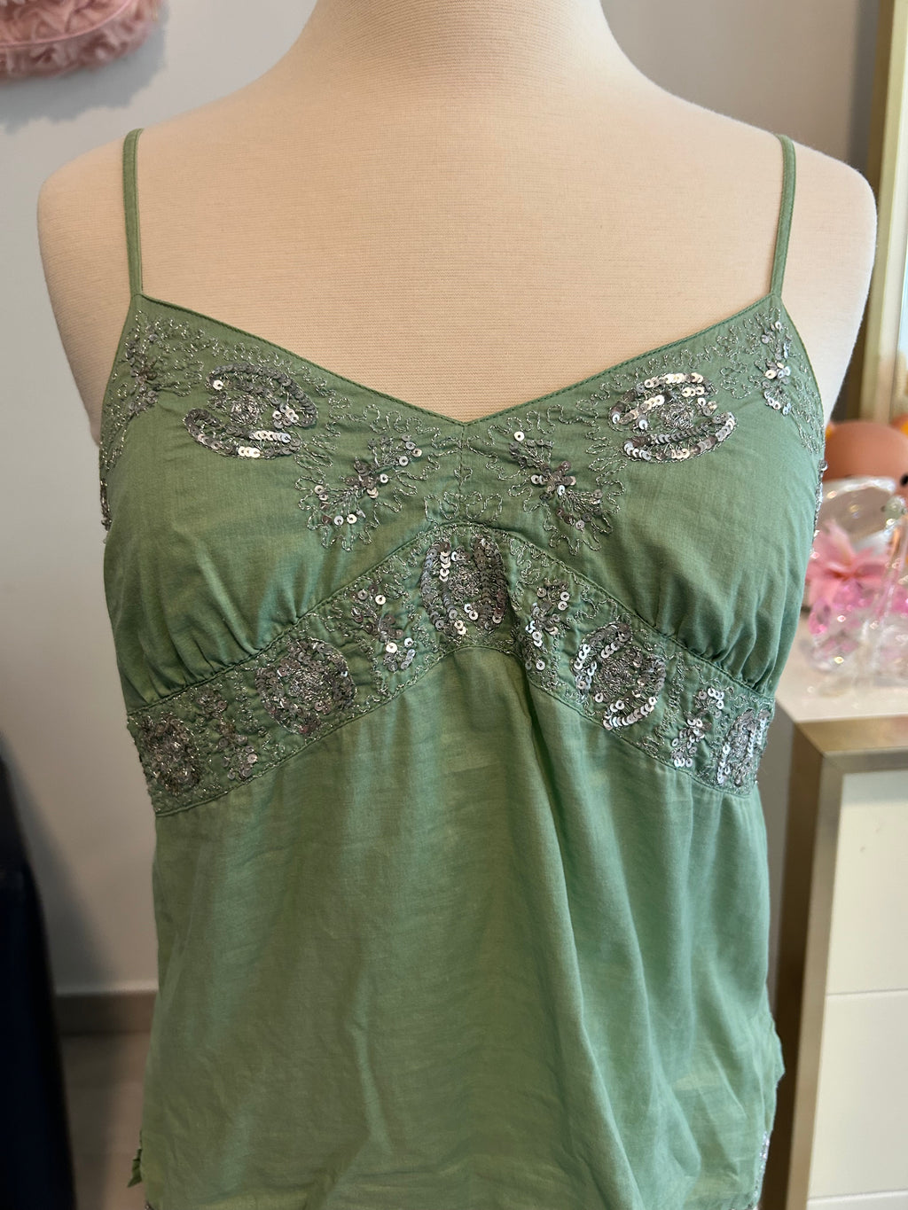 Y2k American Eagle Green Sequin Embroidered Top-0