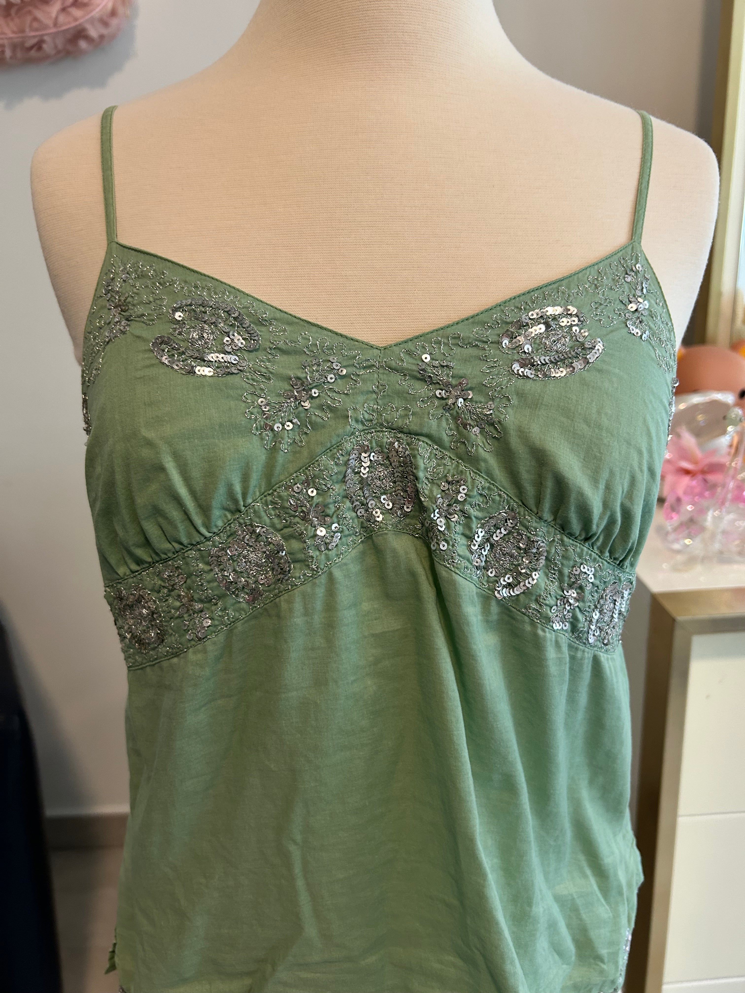 Y2k American Eagle Green Sequin Embroidered Top-0
