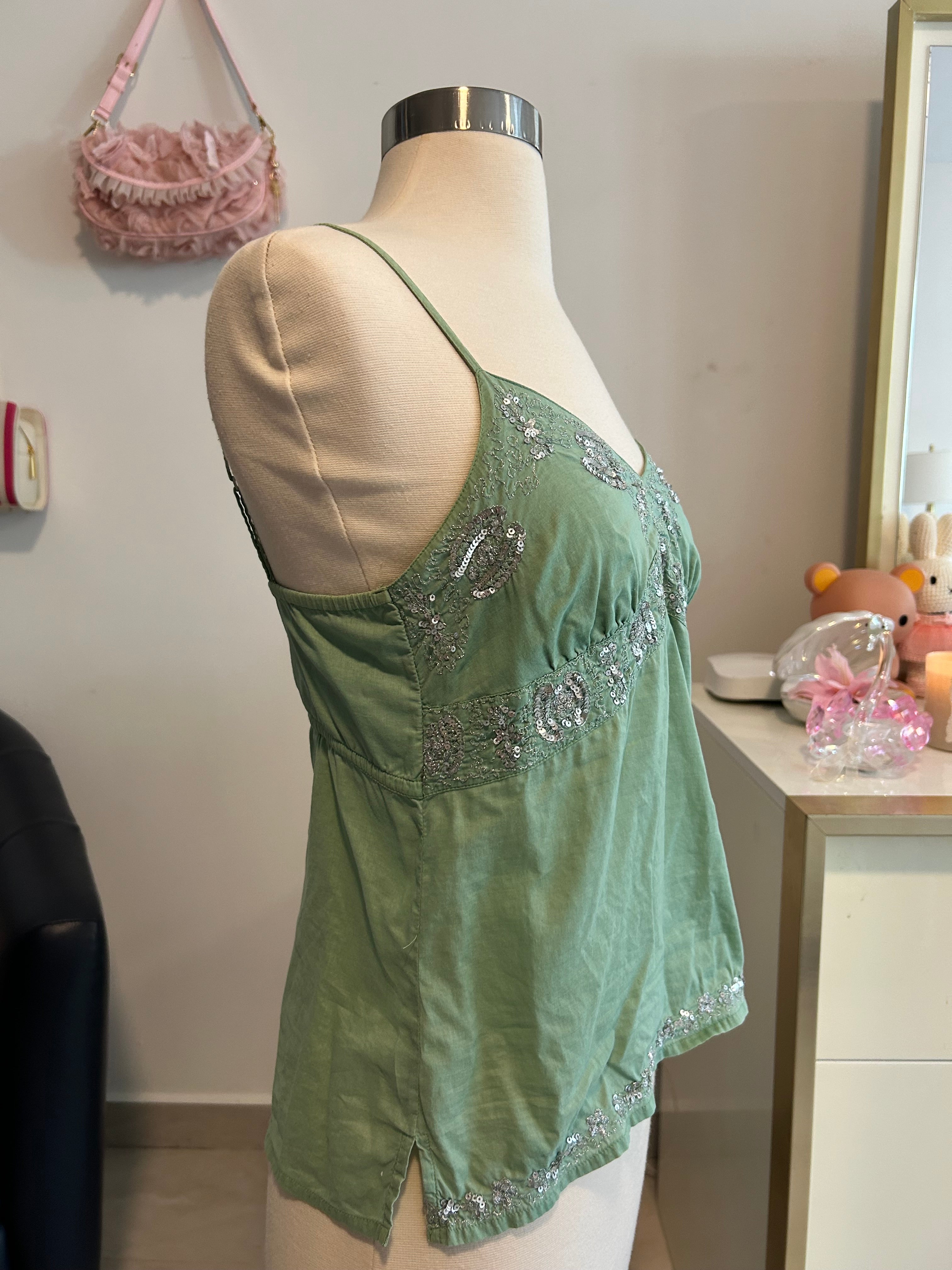 Y2k American Eagle Green Sequin Embroidered Top-0
