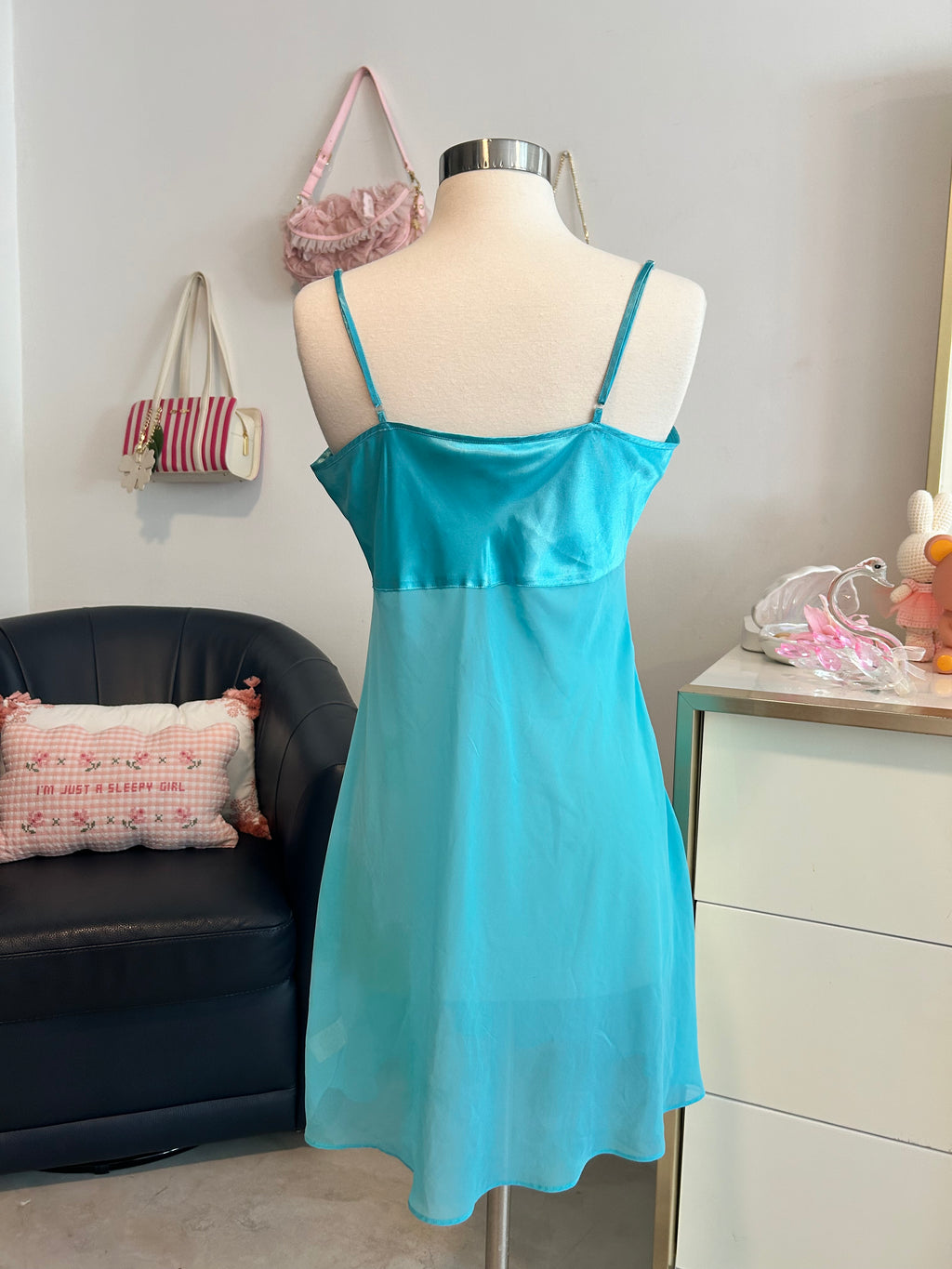 Turquoise Blue Floral Slip Dress-S
