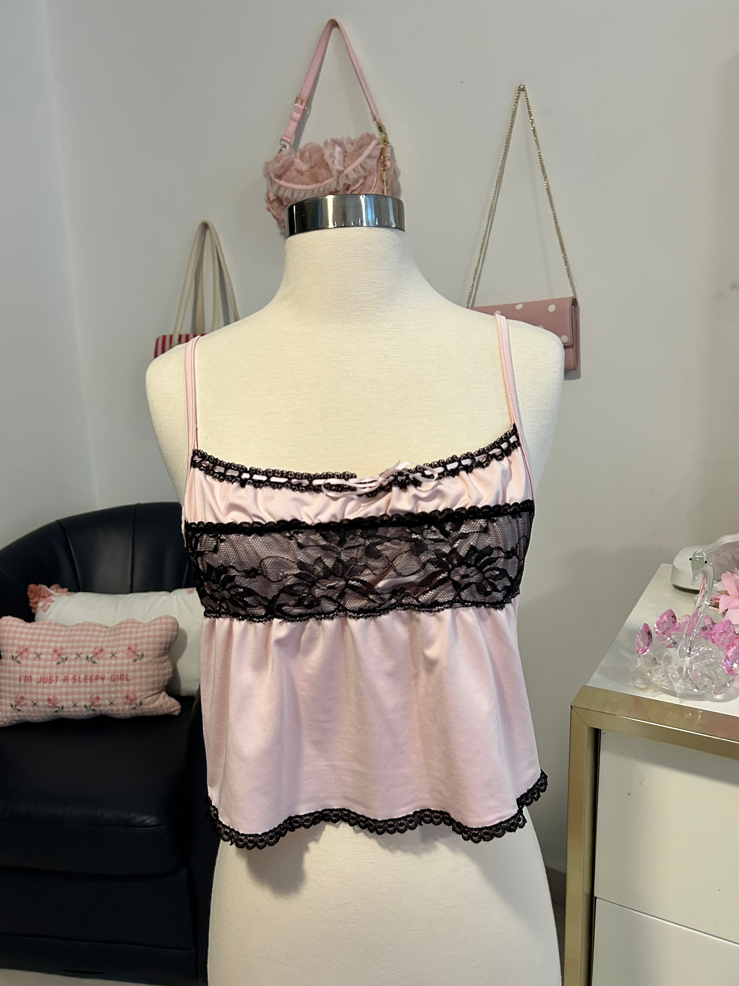 Pink & Black Lace Cropped Top-S