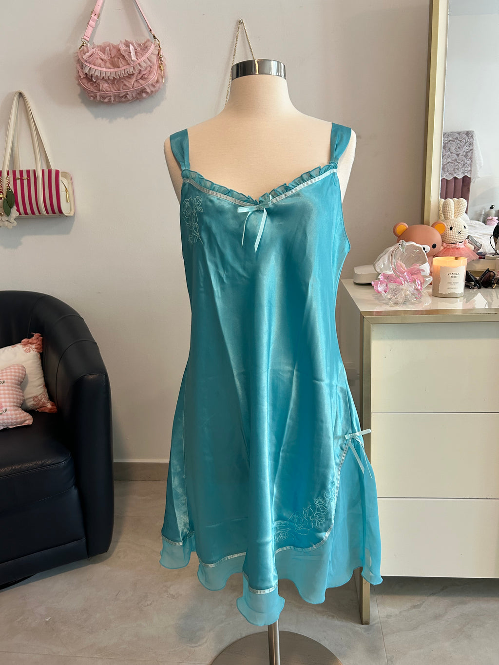 Y2K Teal Satin Slip Dress-L