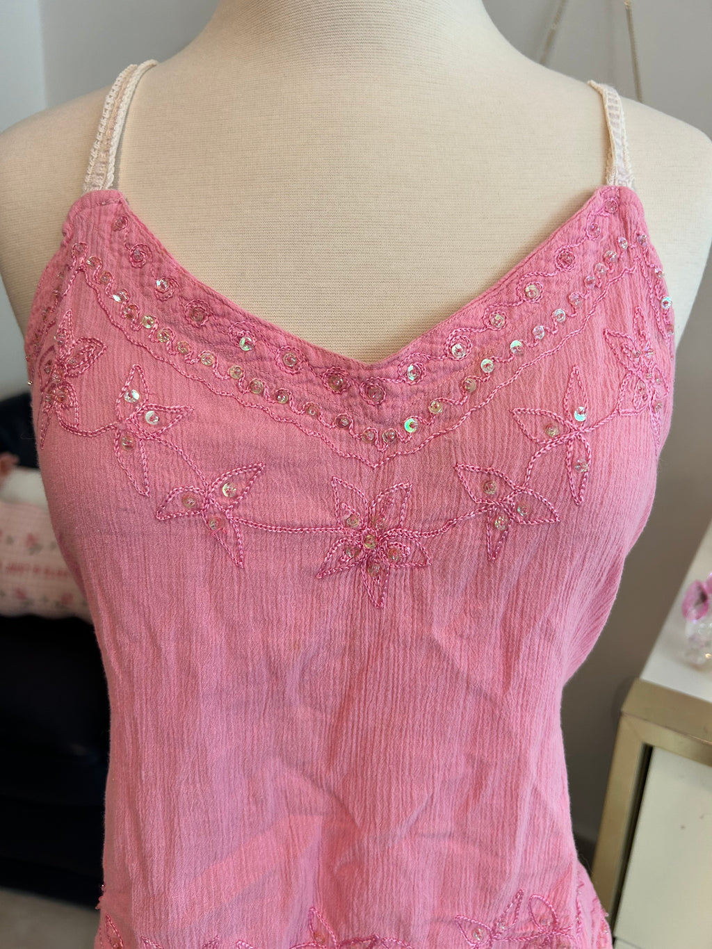 Embroidered Sequin Embroidered Tie Back Top-L