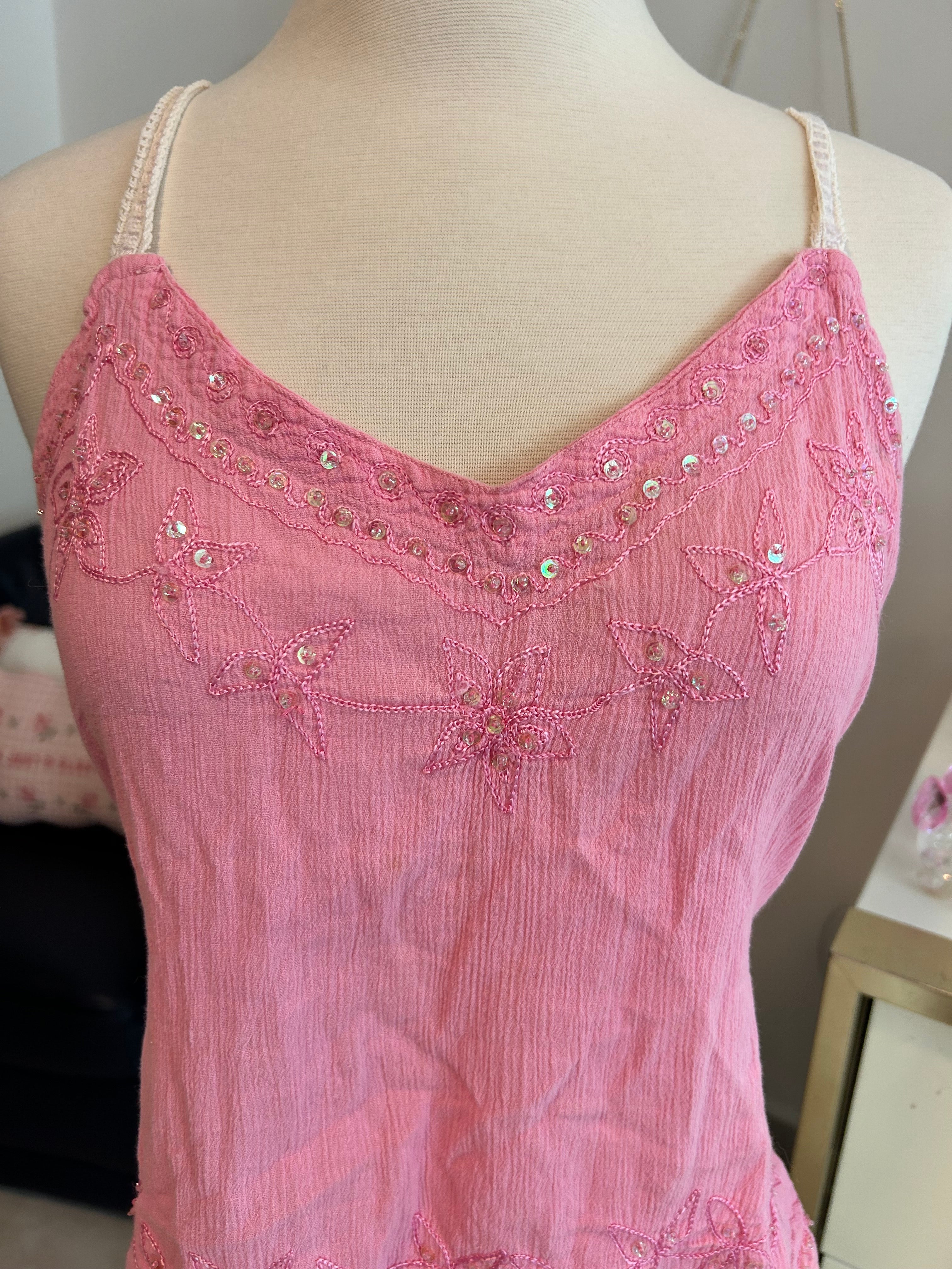 Embroidered Sequin Embroidered Tie Back Top-L