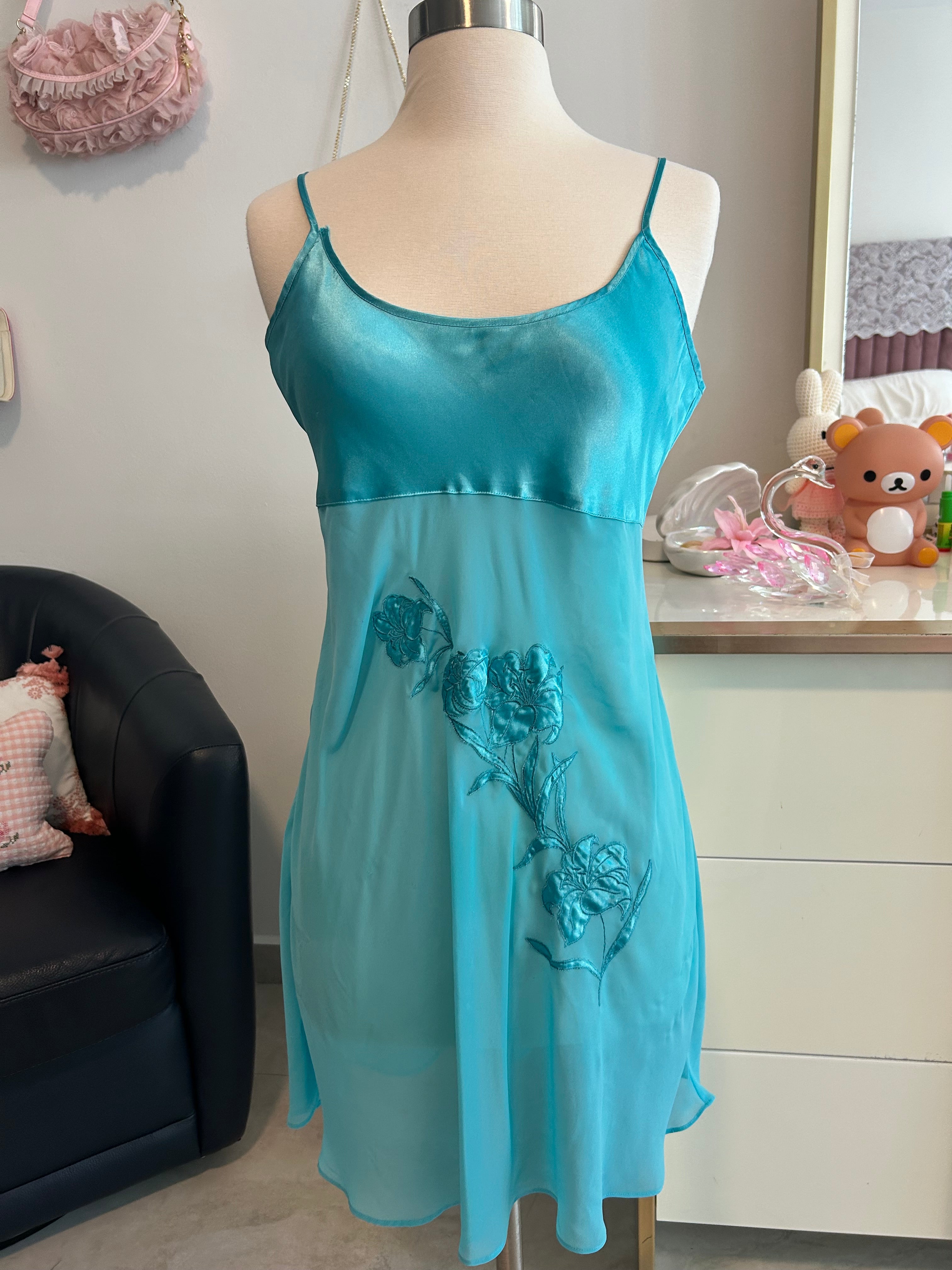 Turquoise Blue Floral Slip Dress-S