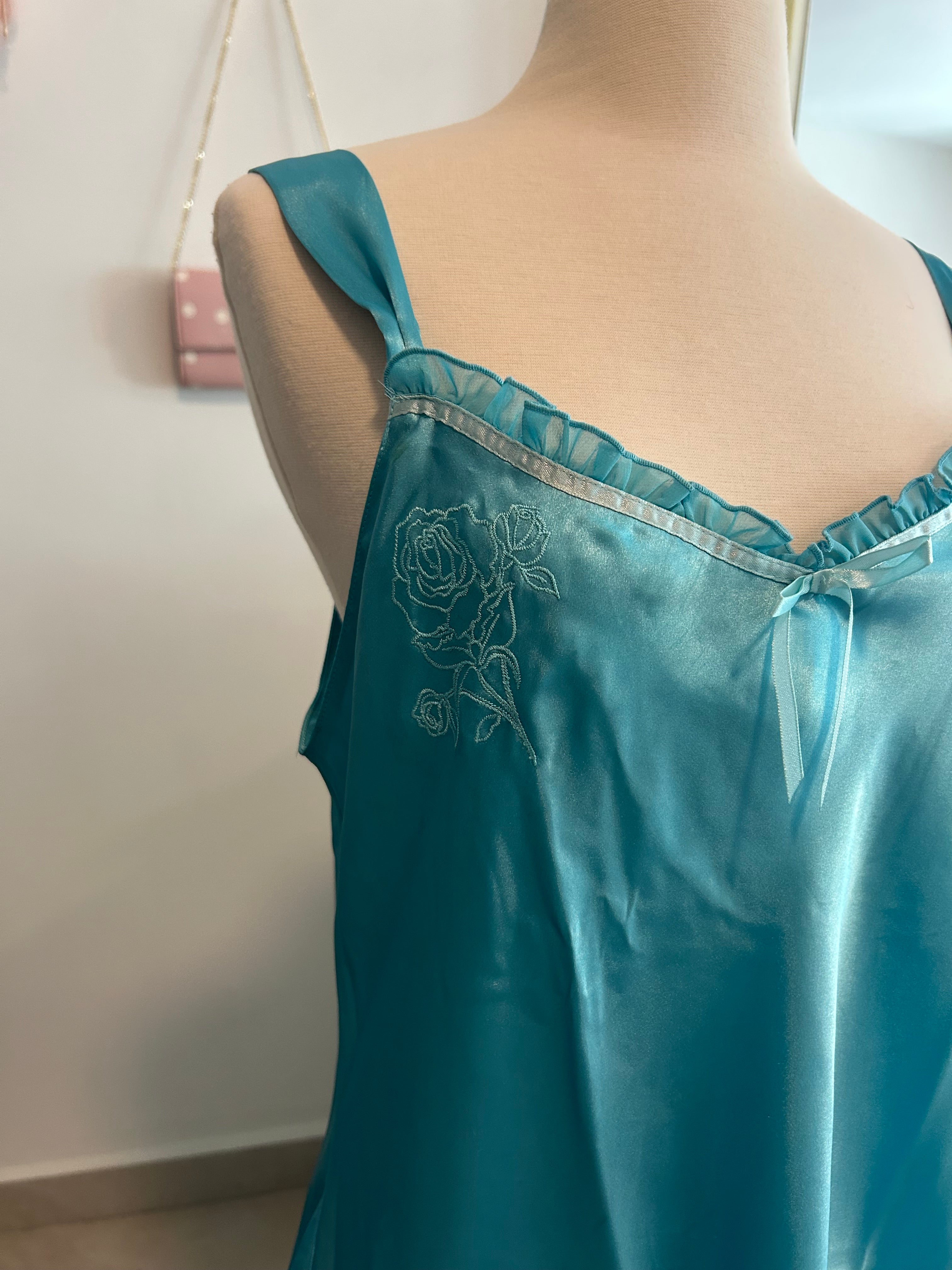 Y2K Teal Satin Slip Dress-L
