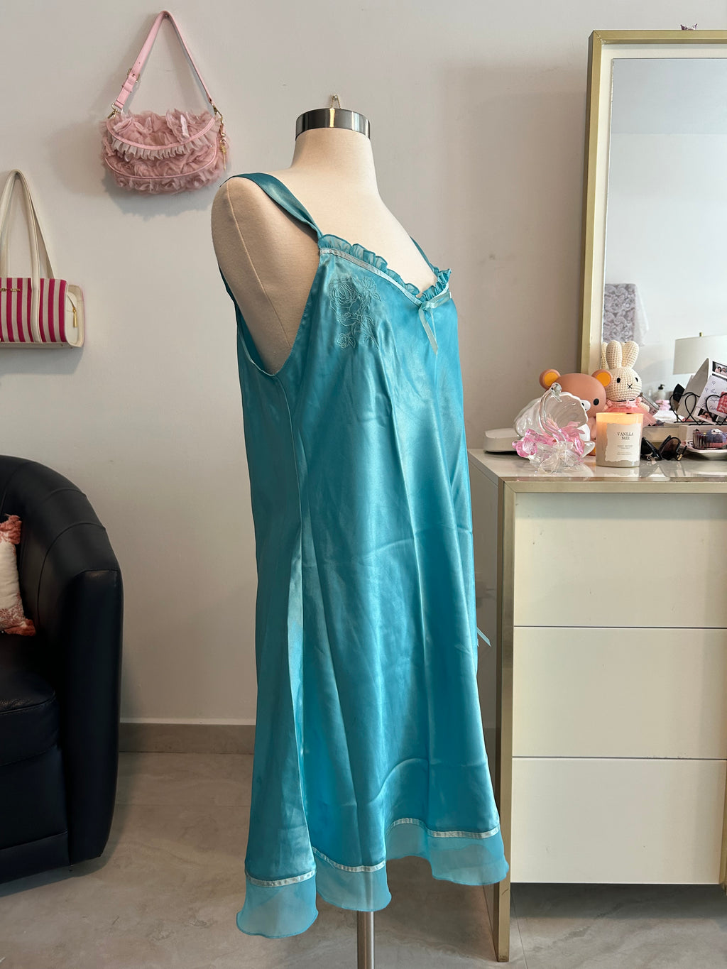 Y2K Teal Satin Slip Dress-L