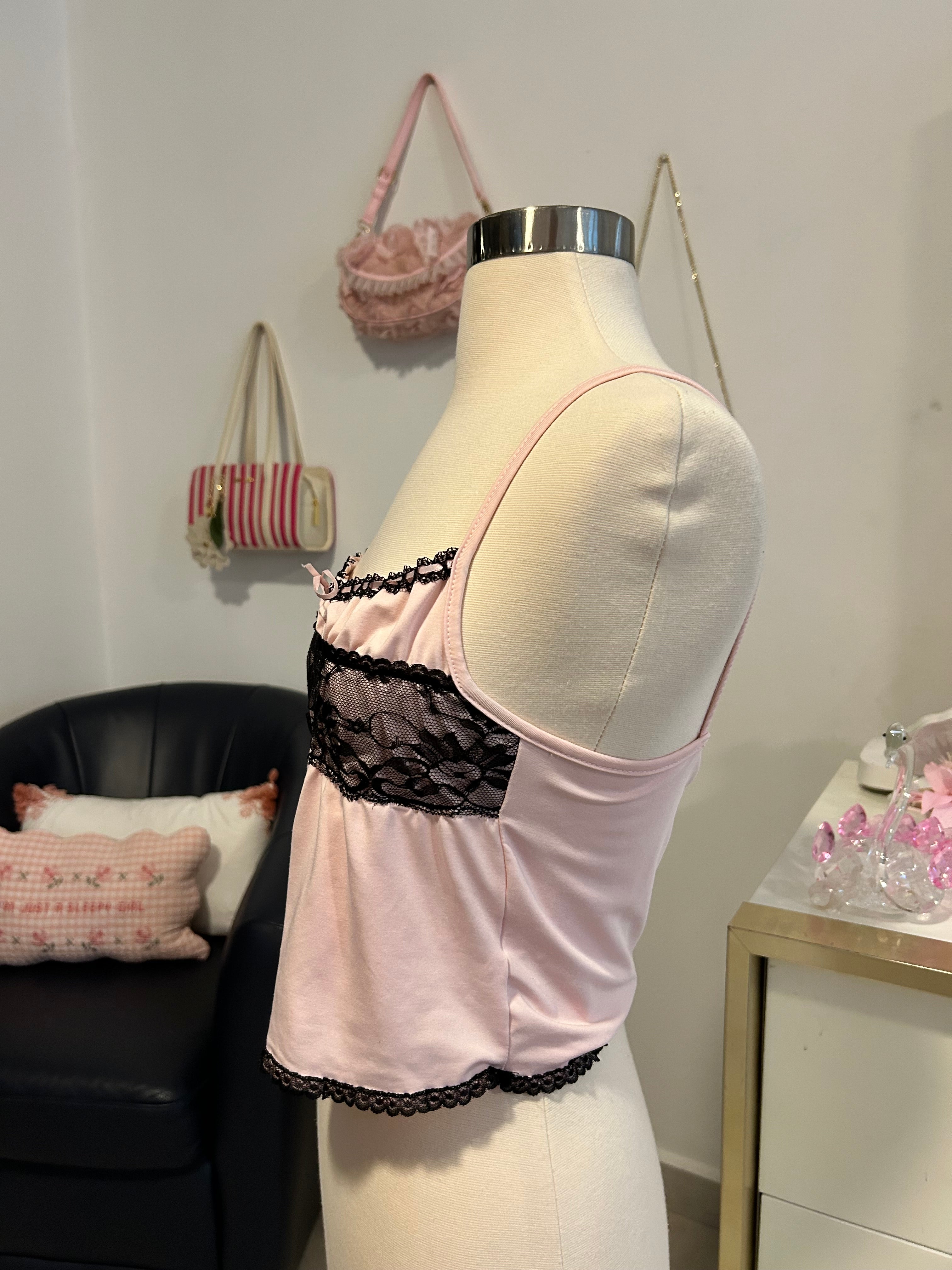 Pink & Black Lace Cropped Top-S