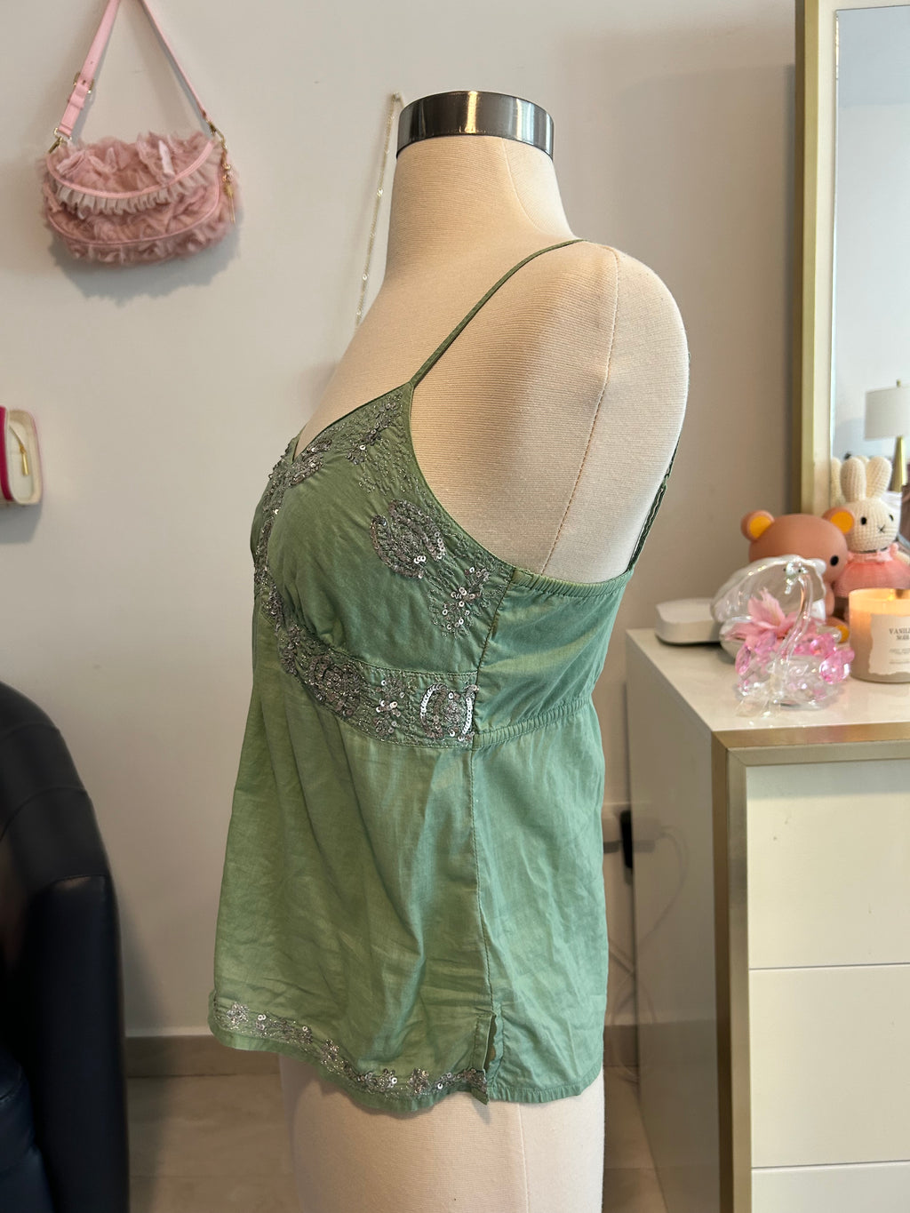 Y2k American Eagle Green Sequin Embroidered Top-0