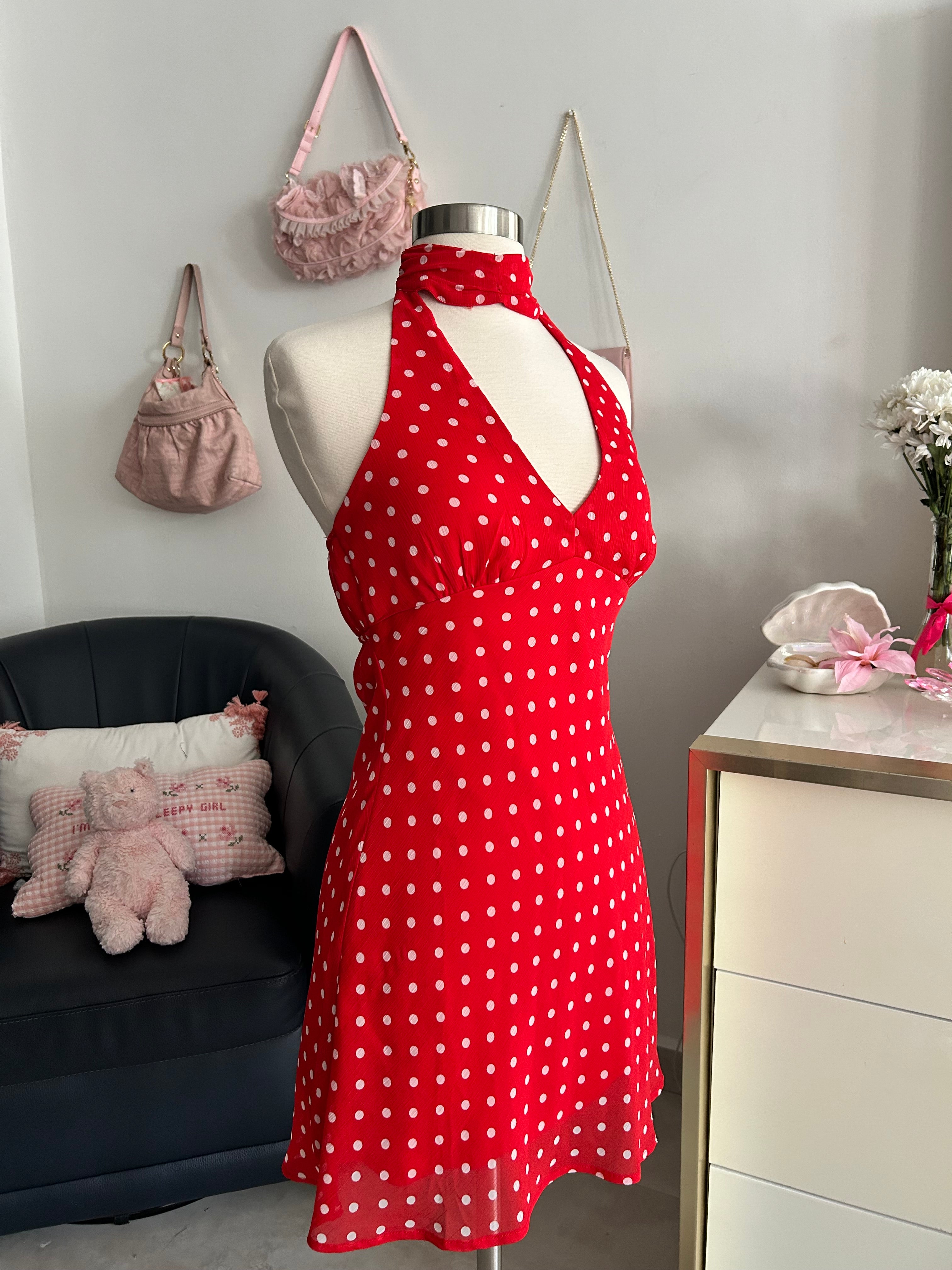 Red Polka Dot Neck Scarf Mini Dress-S