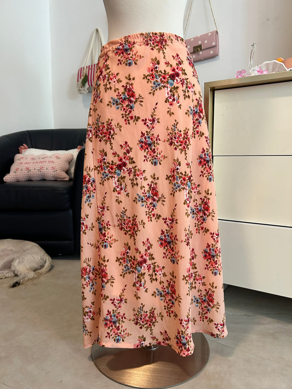 Floral Coral Maxi Skirt-L