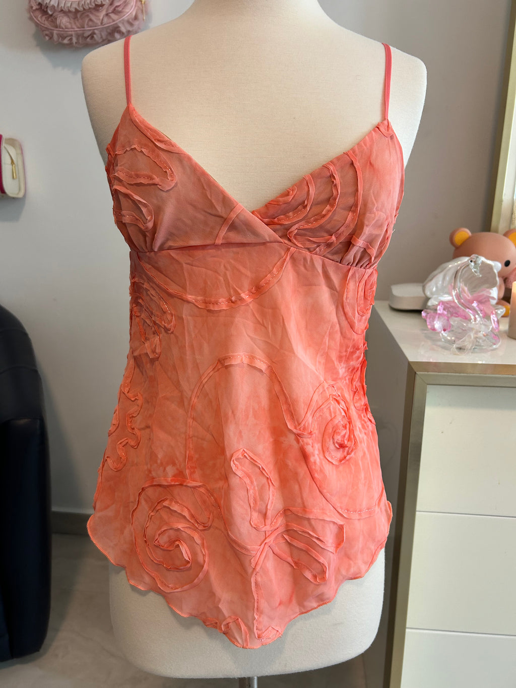 Y2K Glam Coral Swirl Pattern Top-M