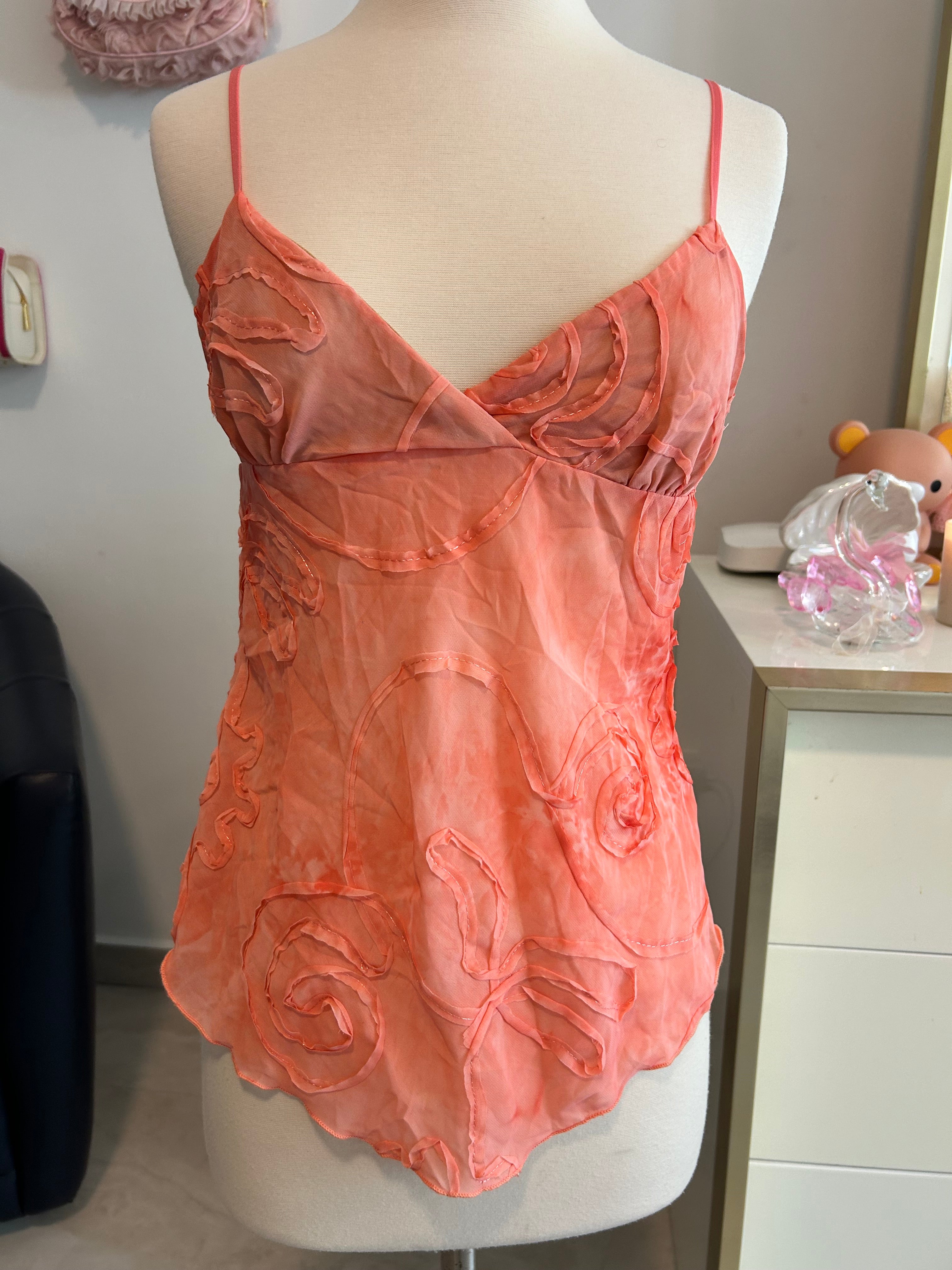 Y2K Glam Coral Swirl Pattern Top-M
