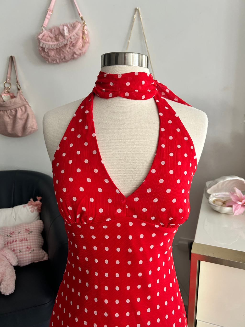 Red Polka Dot Neck Scarf Mini Dress-S
