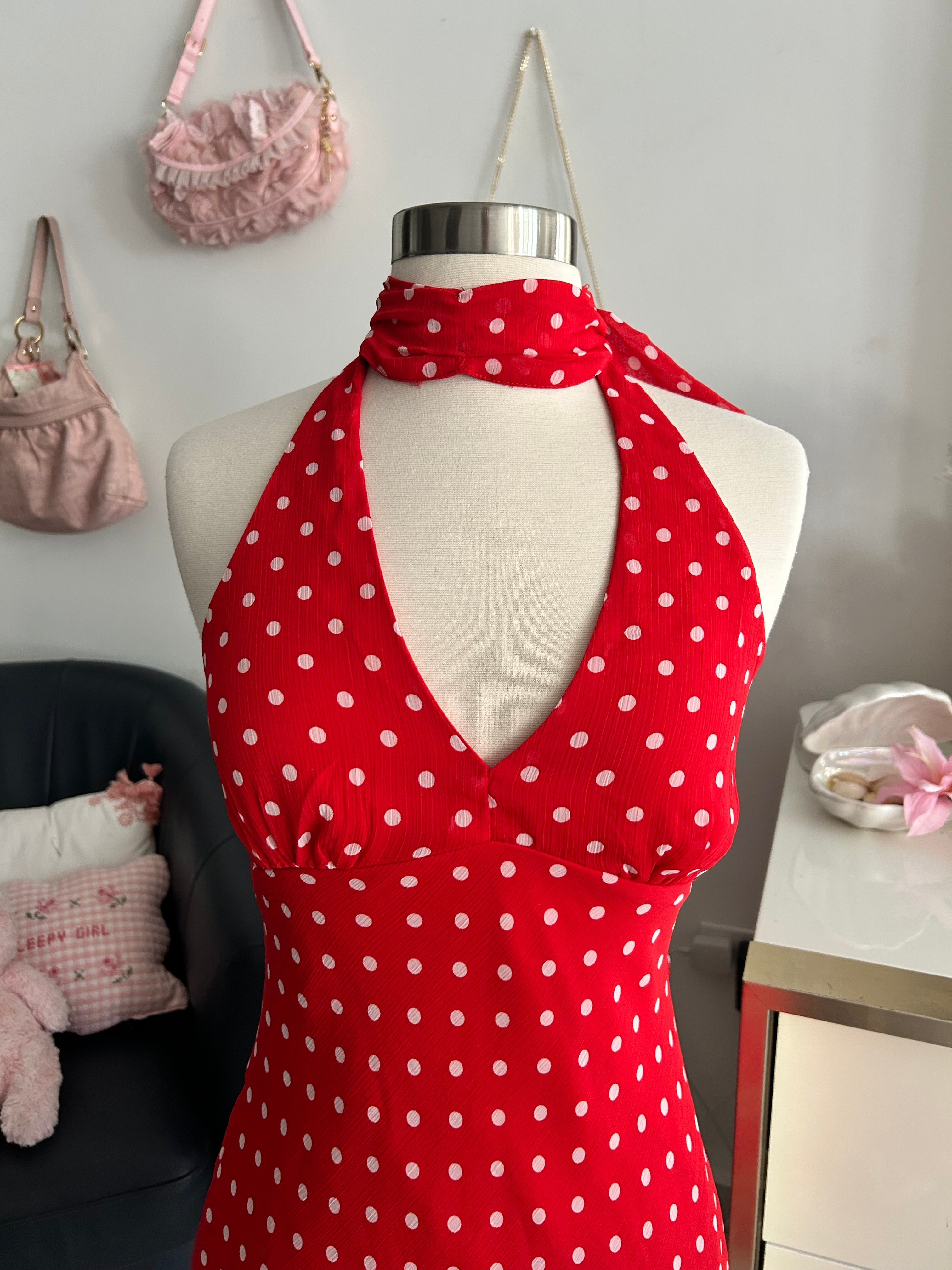 Red Polka Dot Neck Scarf Mini Dress-S