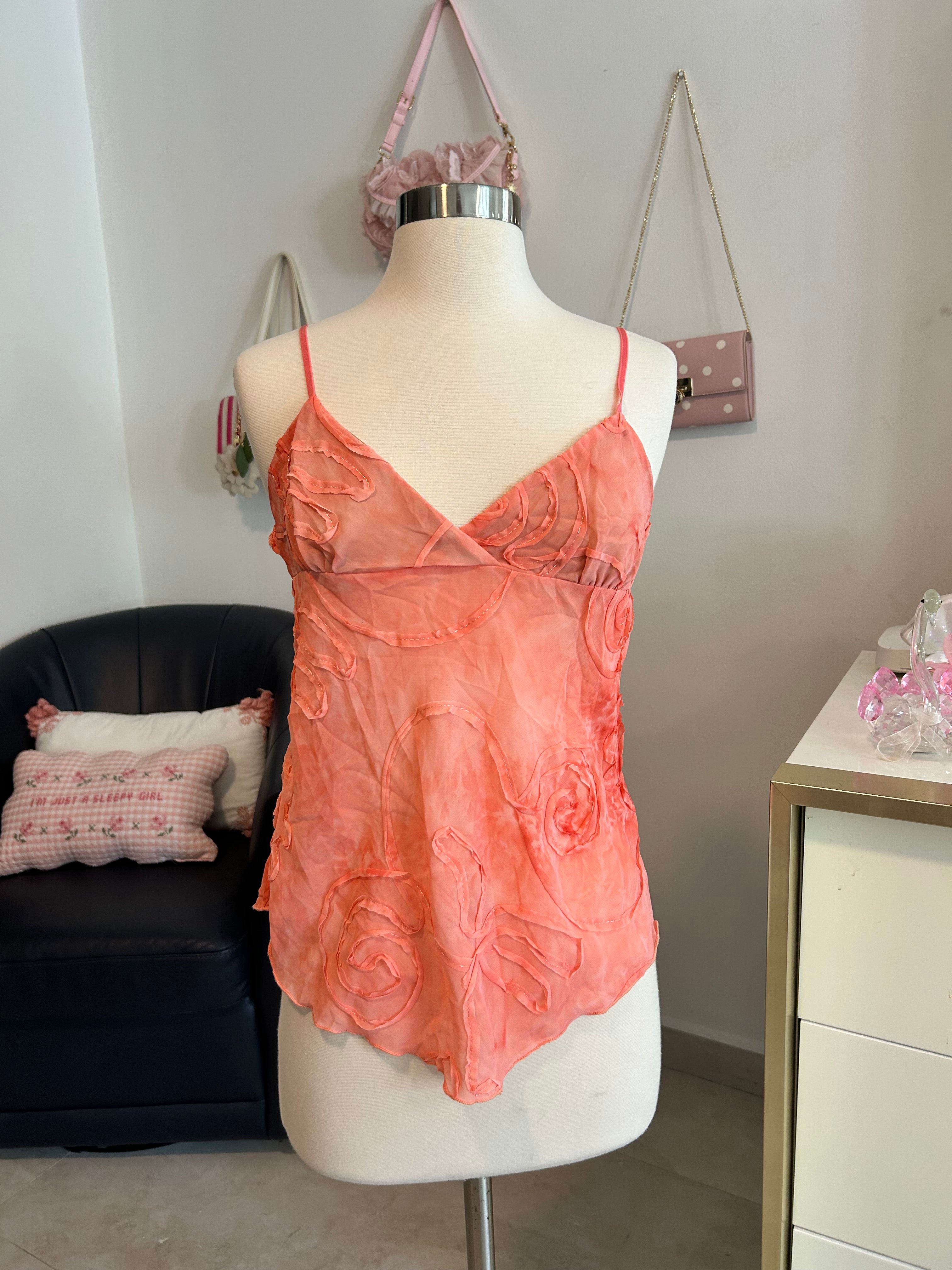 Y2K Glam Coral Swirl Pattern Top-M