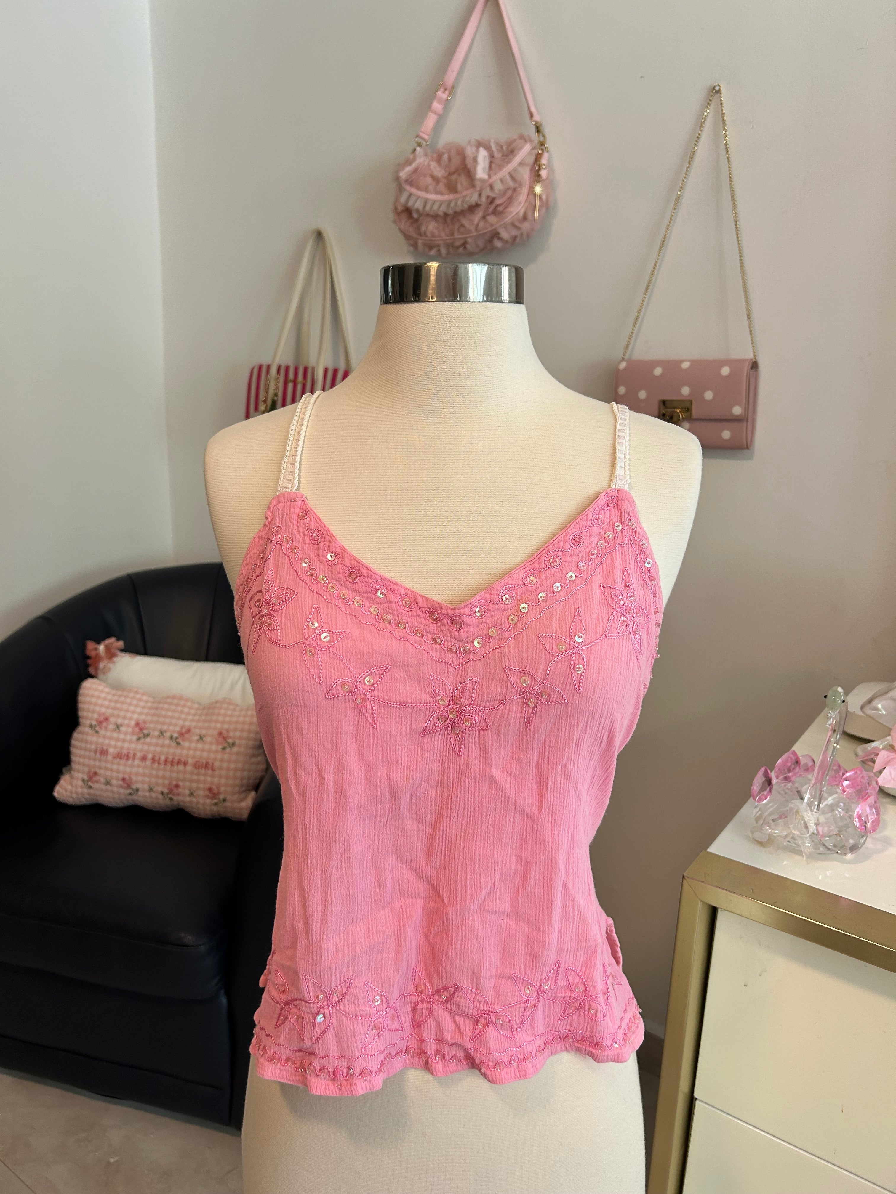 Embroidered Sequin Embroidered Tie Back Top-L