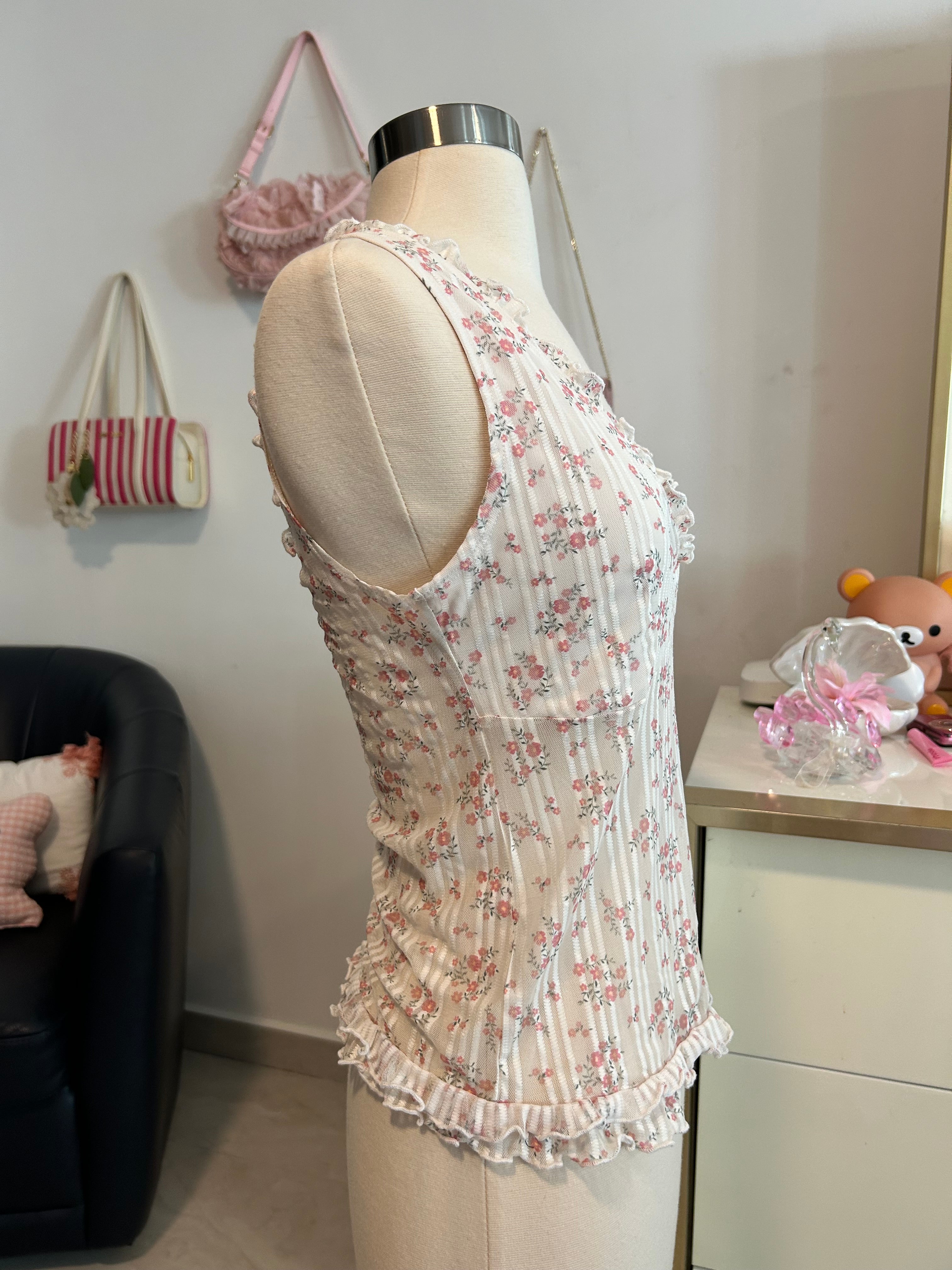Floral Ruffle Hem Sheer Tank Top-M