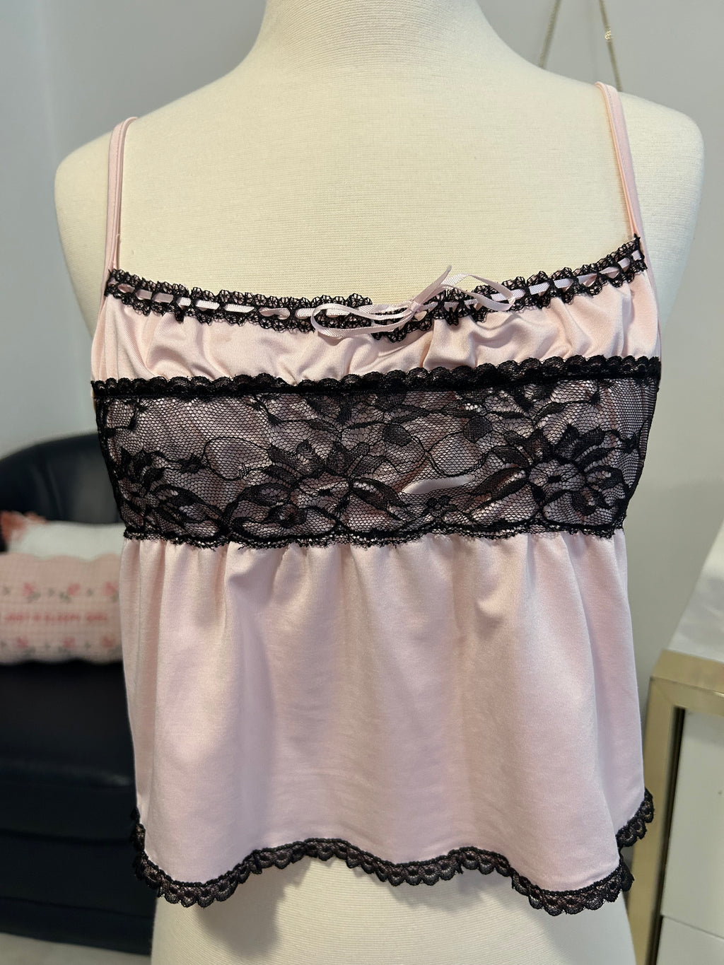 Pink & Black Lace Cropped Top-S