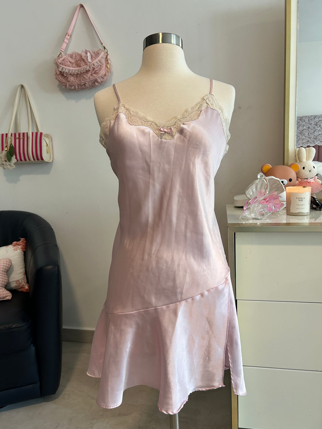 Baby Pink Lace Trim Slip Dress-S