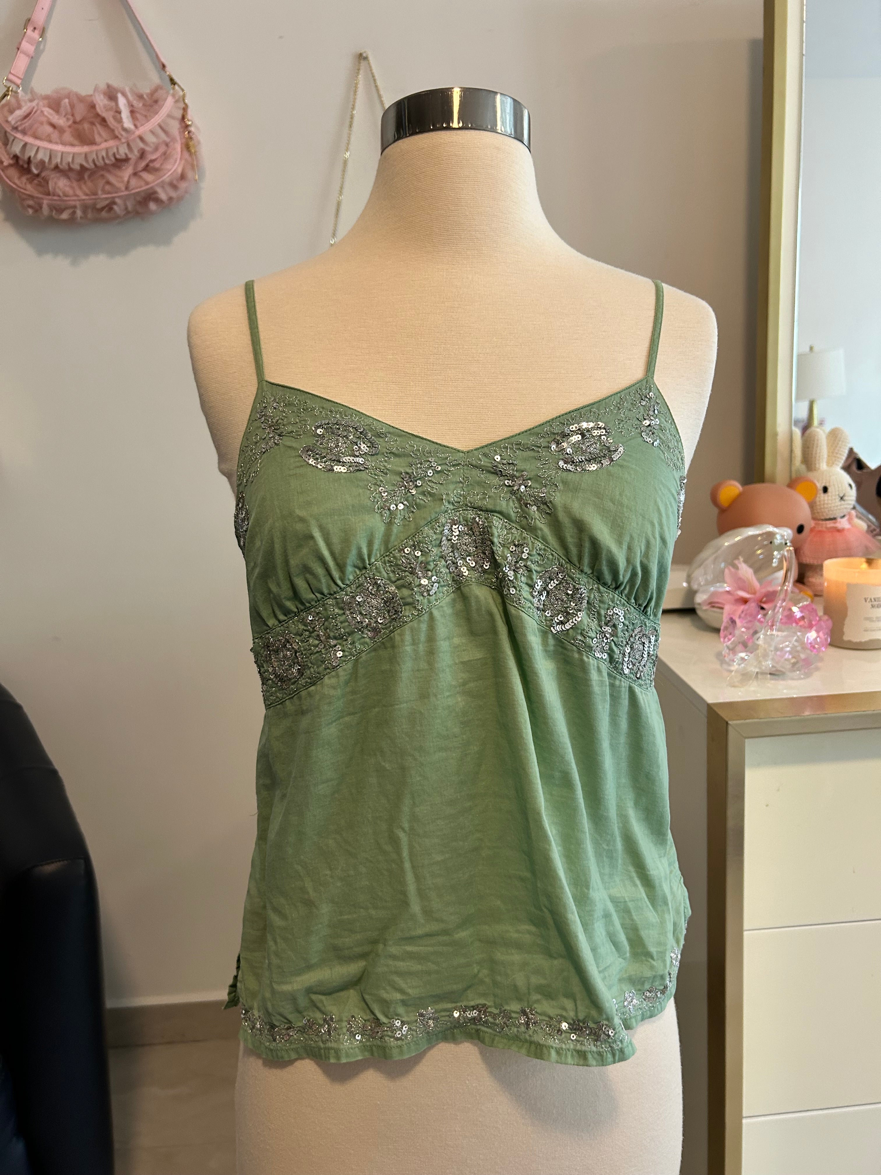 Y2k American Eagle Green Sequin Embroidered Top-0