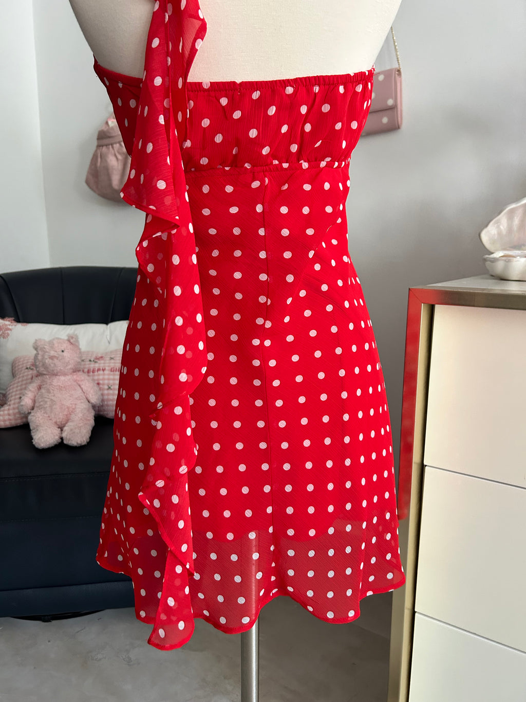 Red Polka Dot Neck Scarf Mini Dress-S