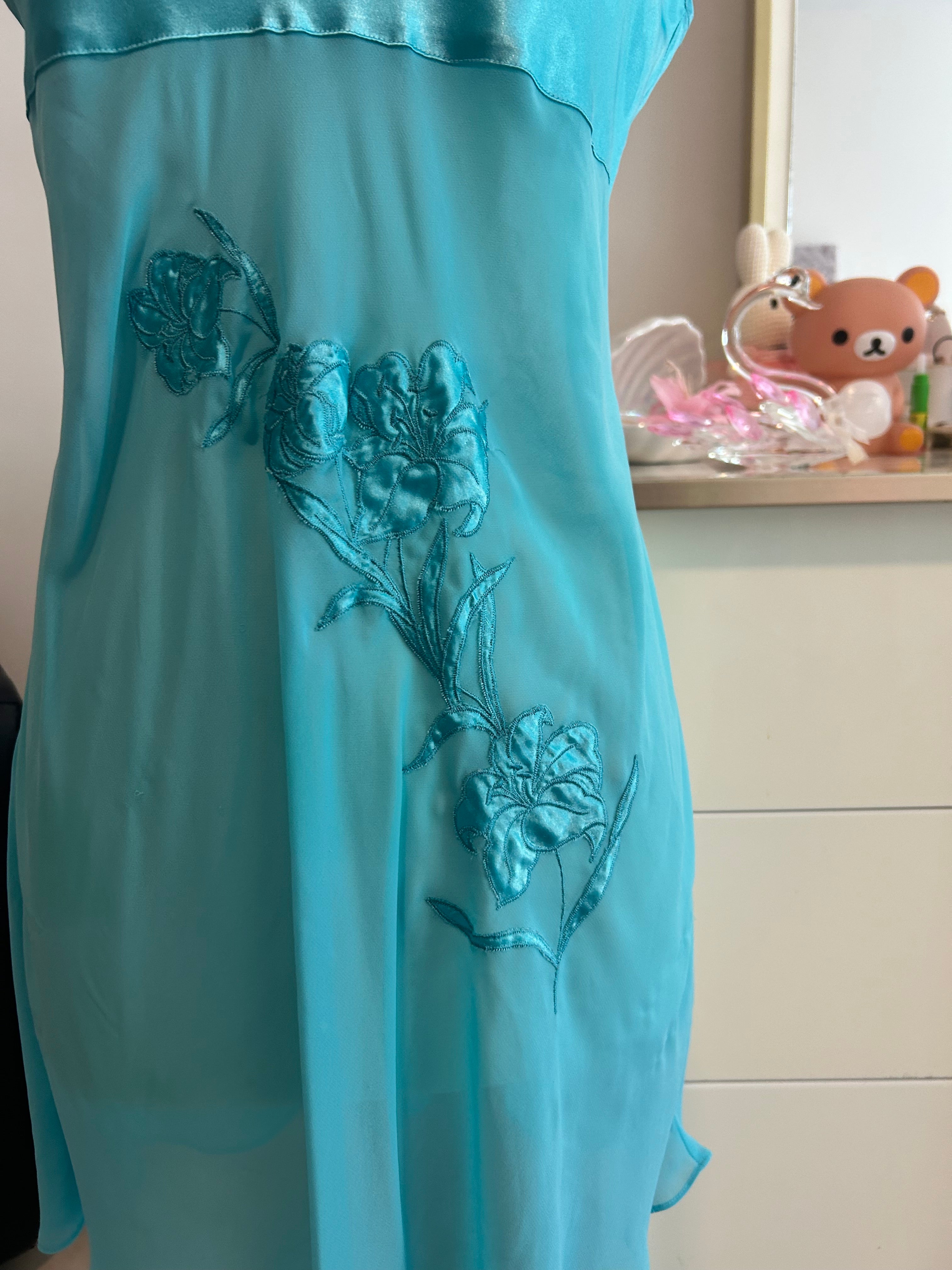 Turquoise Blue Floral Slip Dress-S