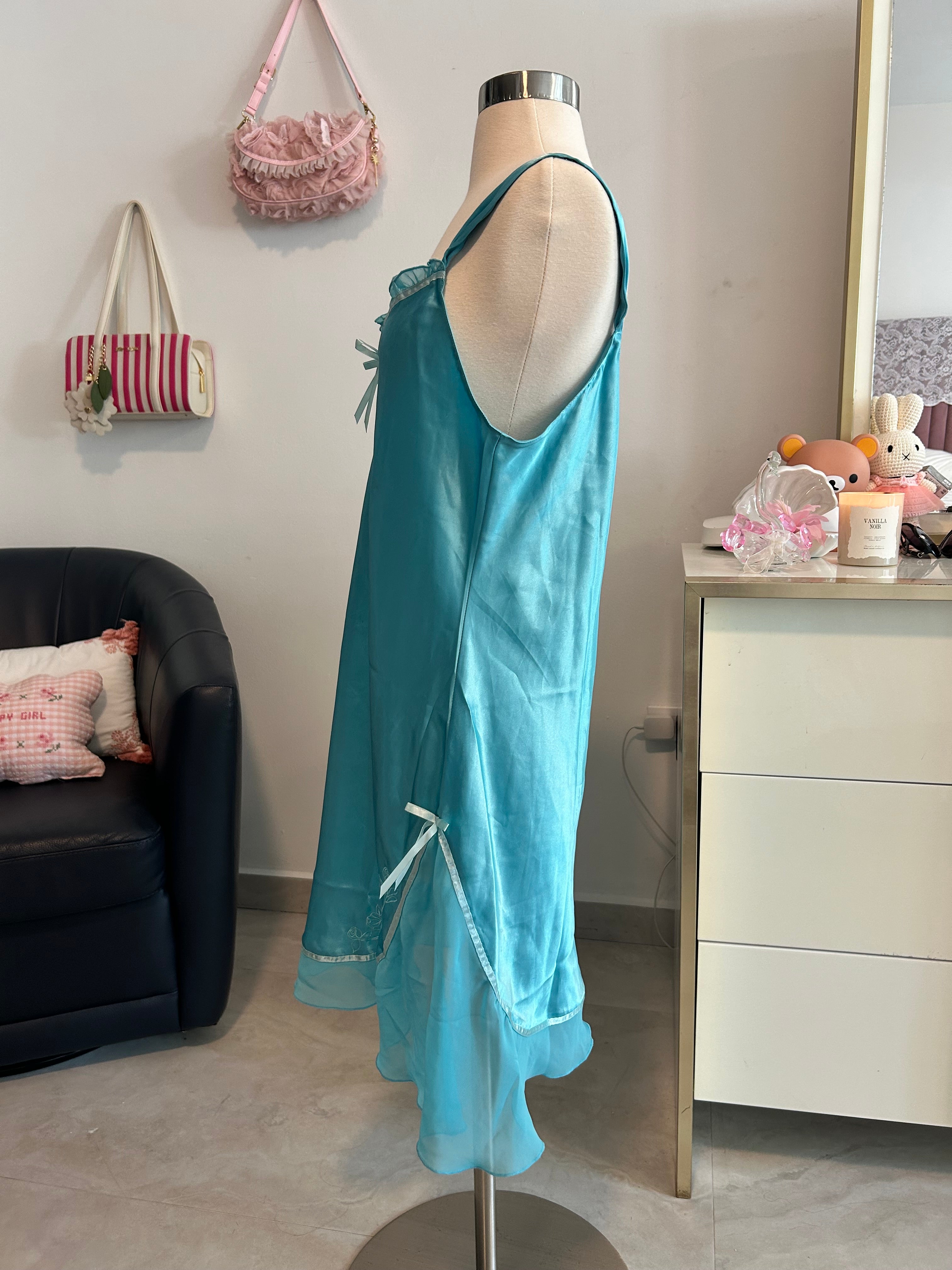 Y2K Teal Satin Slip Dress-L