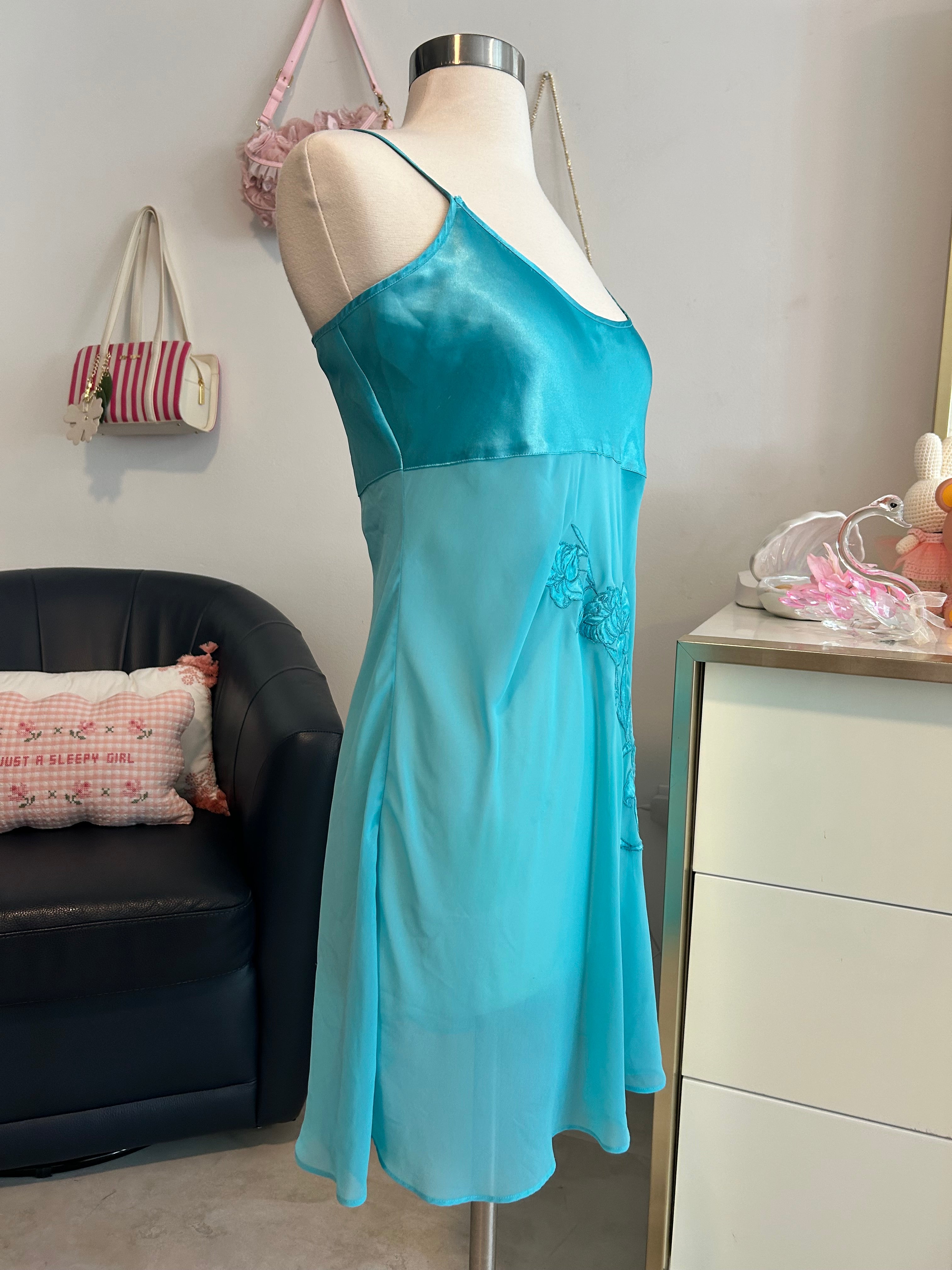 Turquoise Blue Floral Slip Dress-S