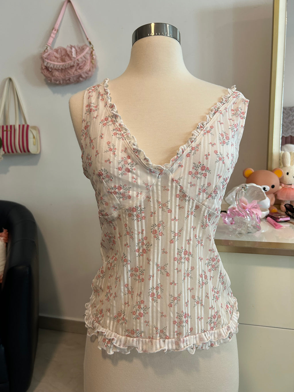 Floral Ruffle Hem Sheer Tank Top-M