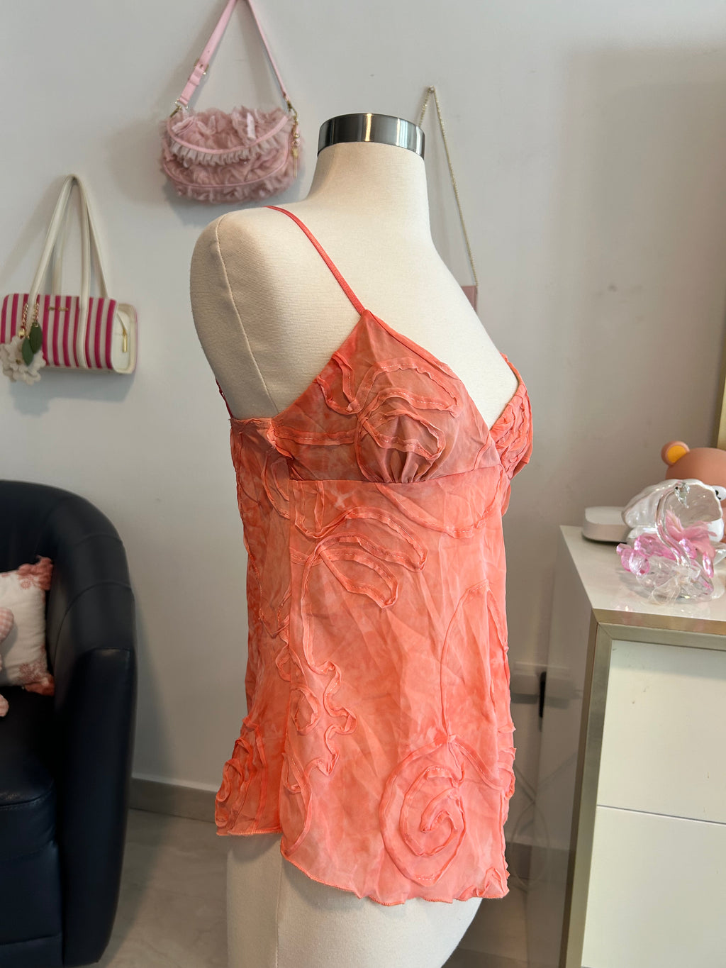 Y2K Glam Coral Swirl Pattern Top-M