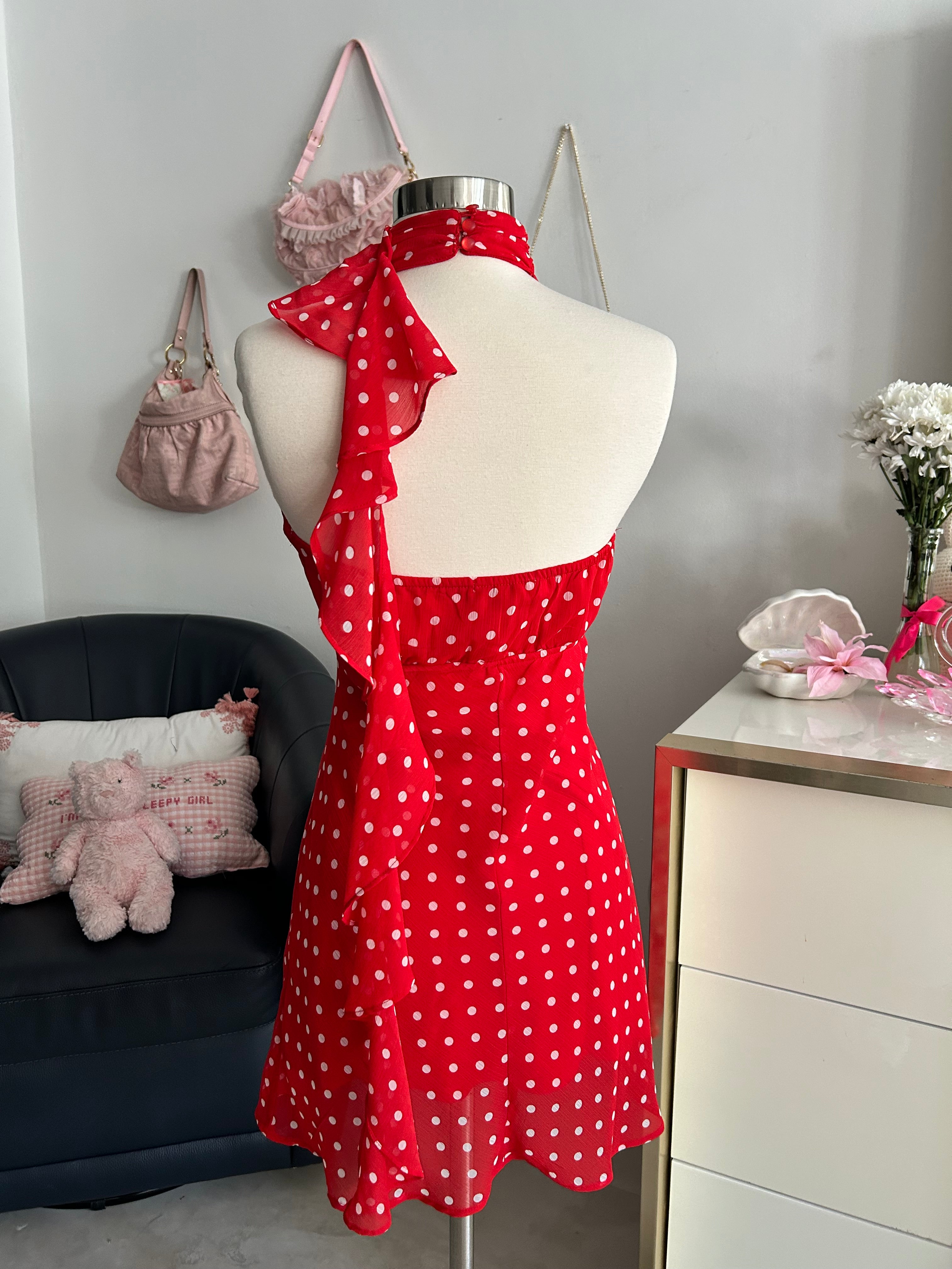 Red Polka Dot Neck Scarf Mini Dress-S