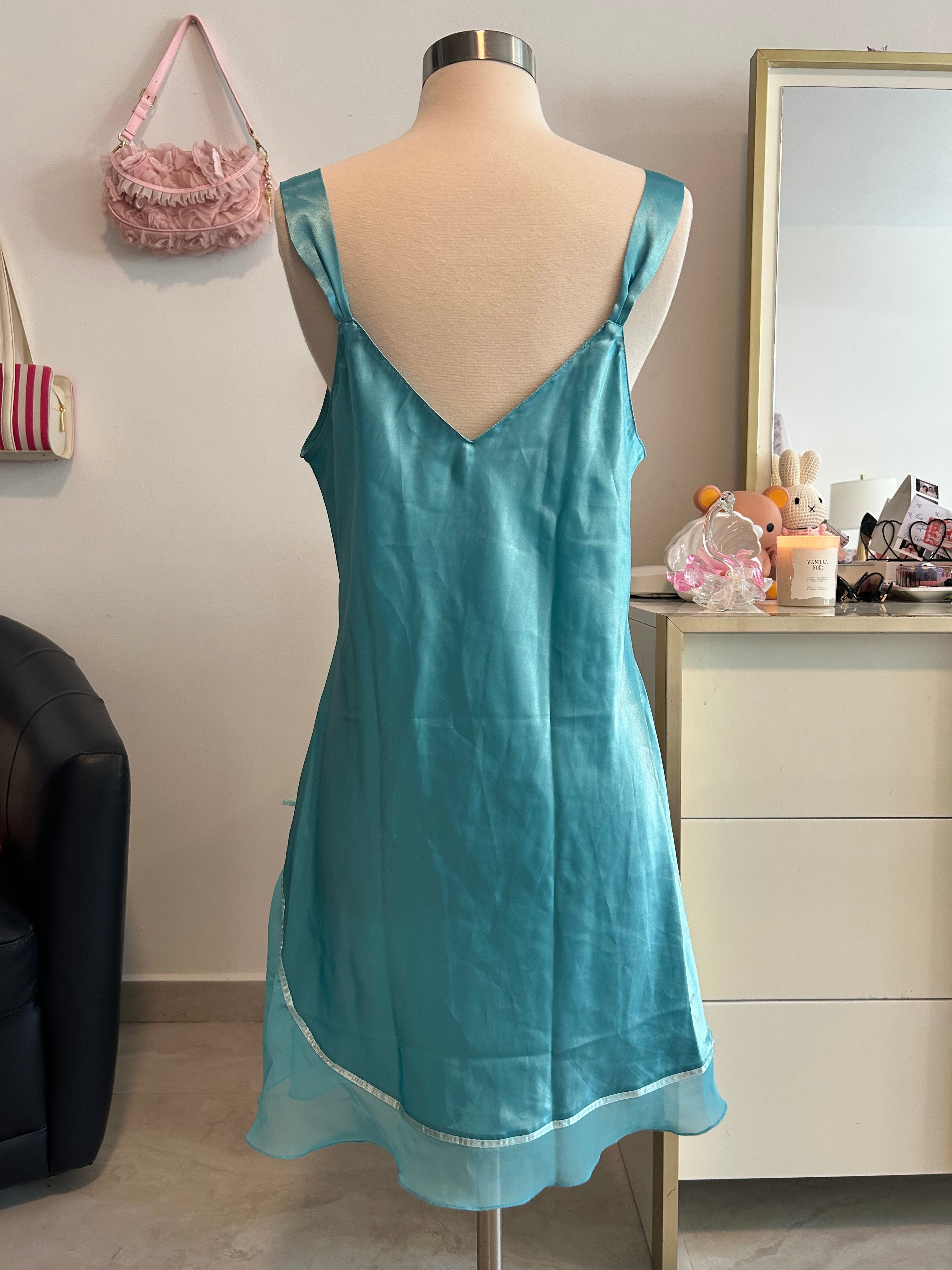 Y2K Teal Satin Slip Dress-L