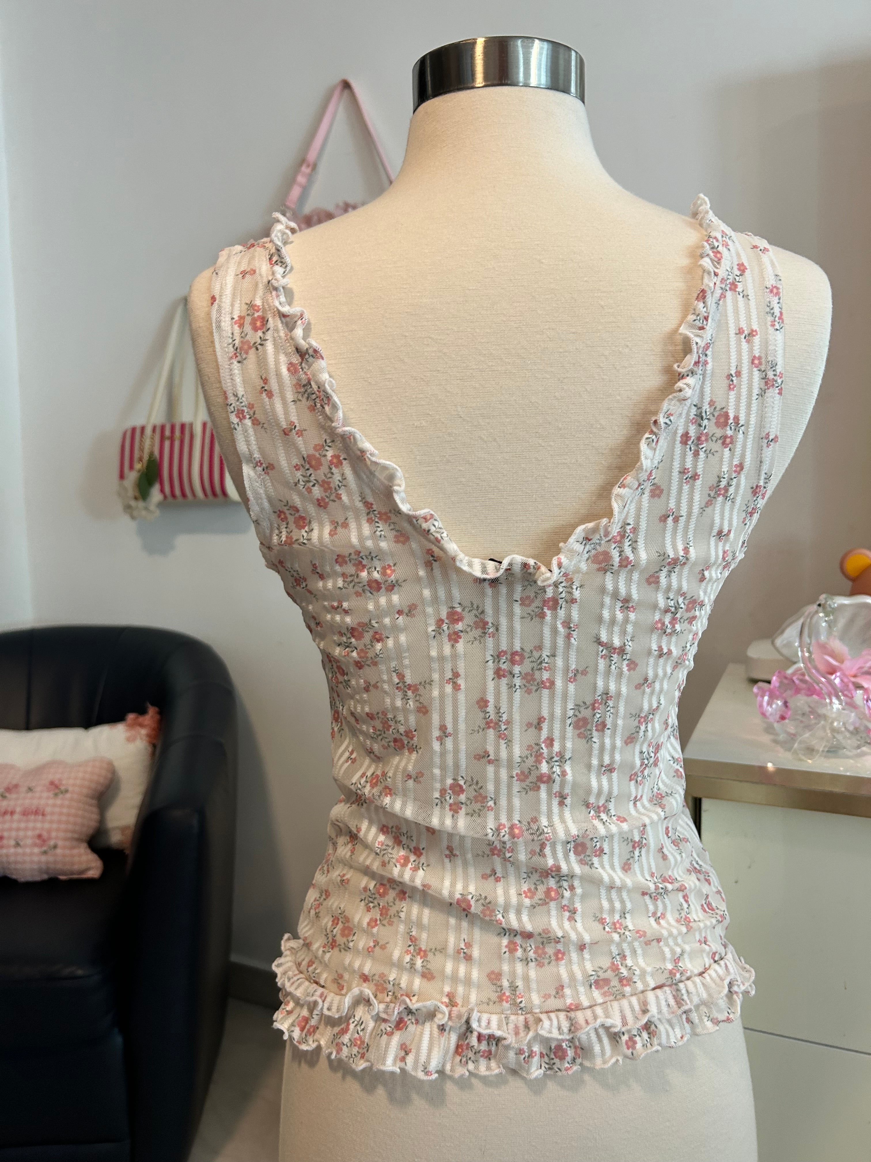 Floral Ruffle Hem Sheer Tank Top-M
