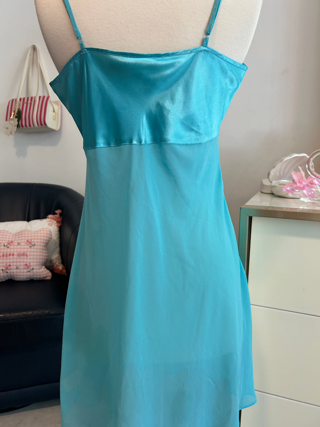 Turquoise Blue Floral Slip Dress-S