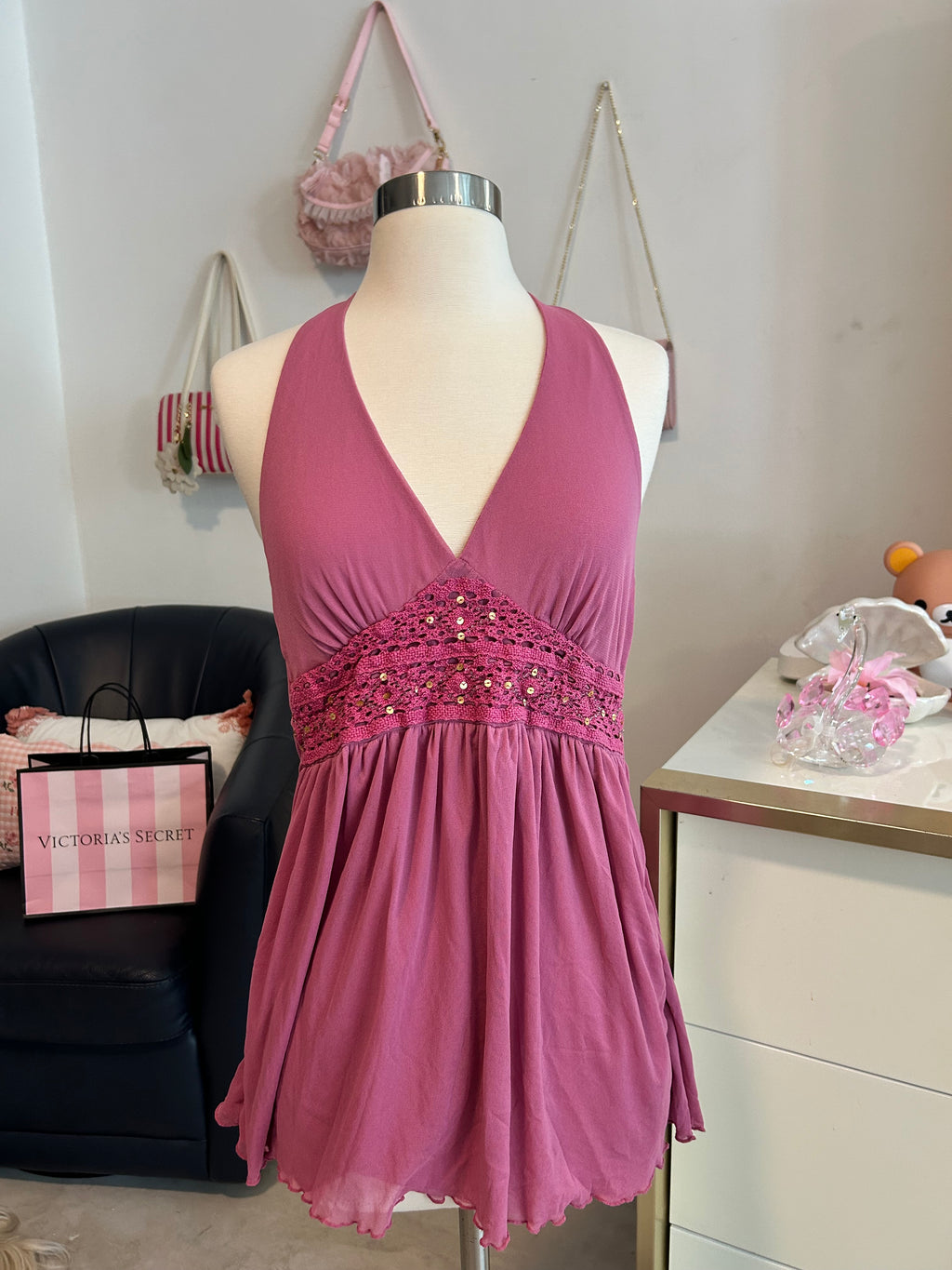 Sequin Embroidered Halter Top-L