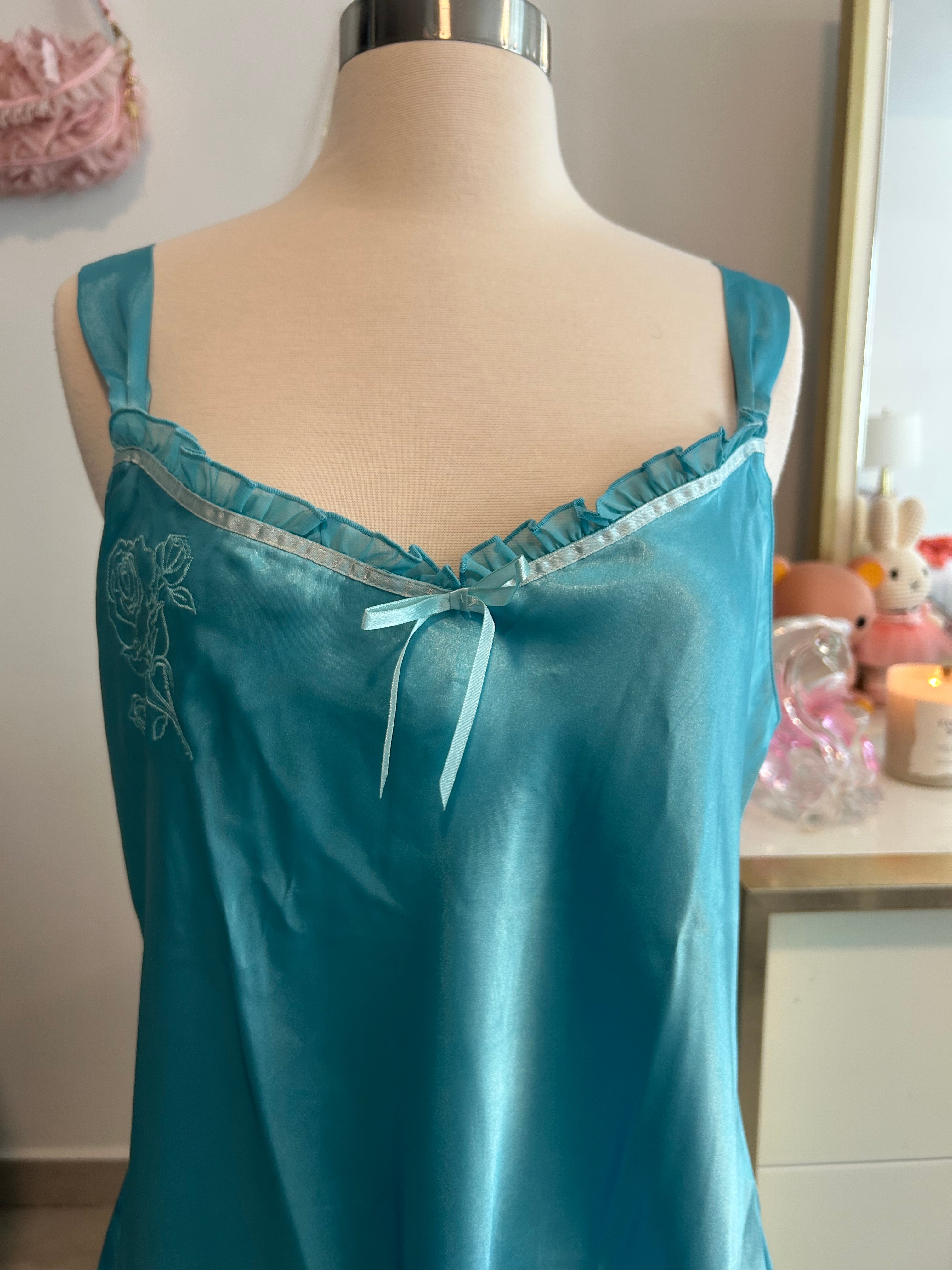 Y2K Teal Satin Slip Dress-L