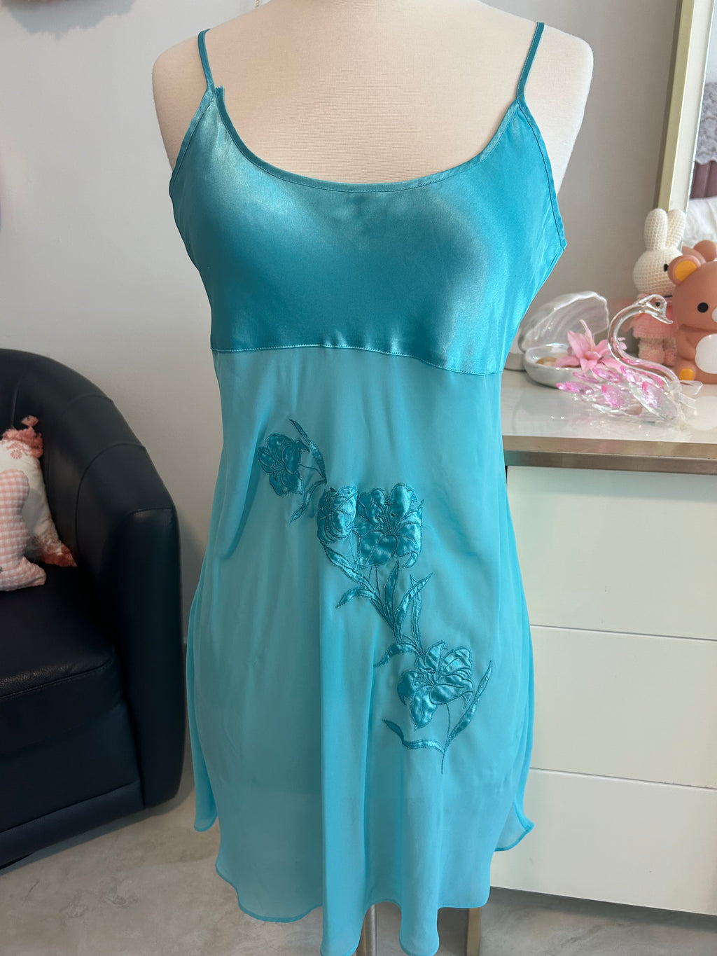 Turquoise Blue Floral Slip Dress-S