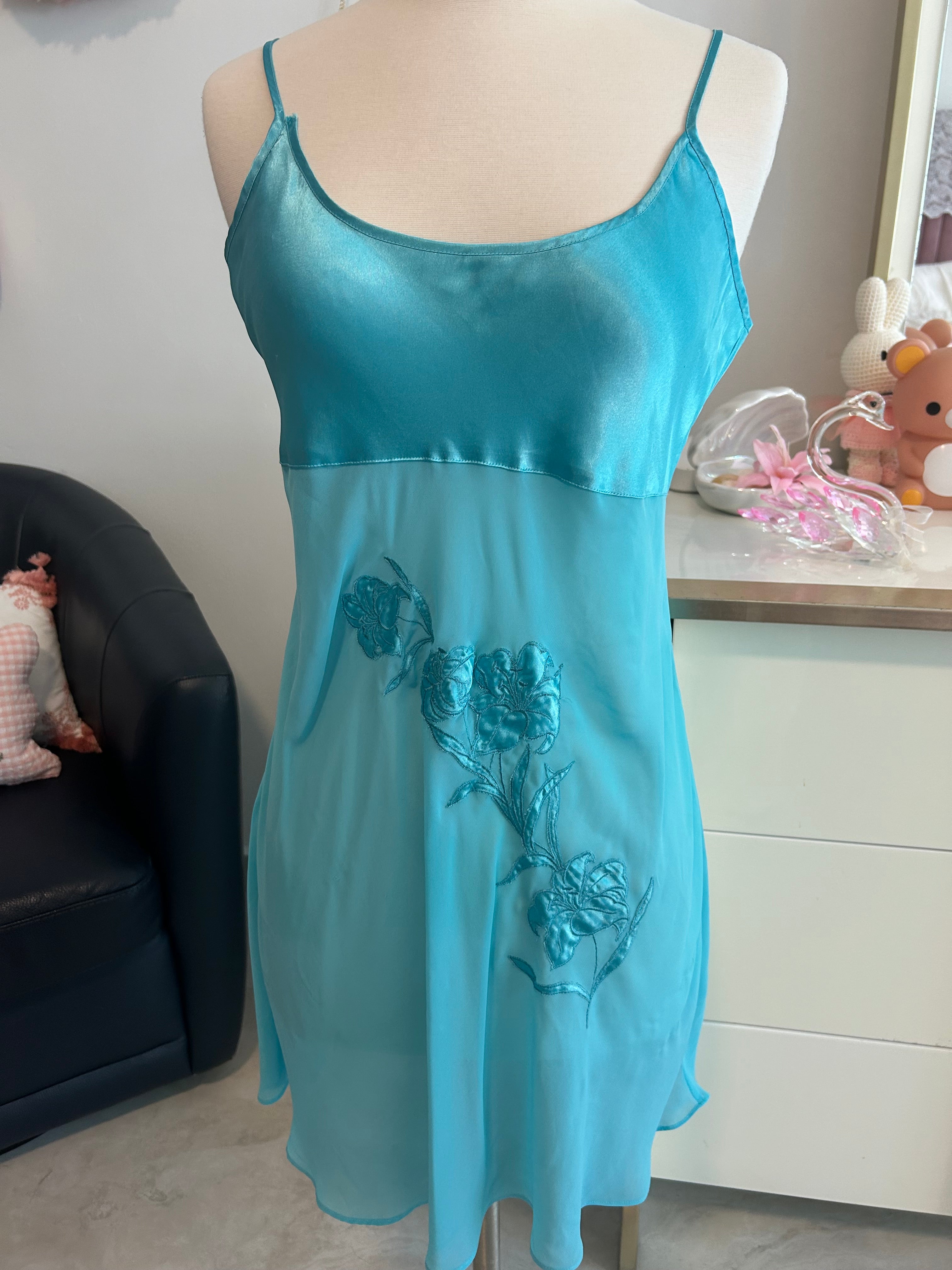 Turquoise Blue Floral Slip Dress-S