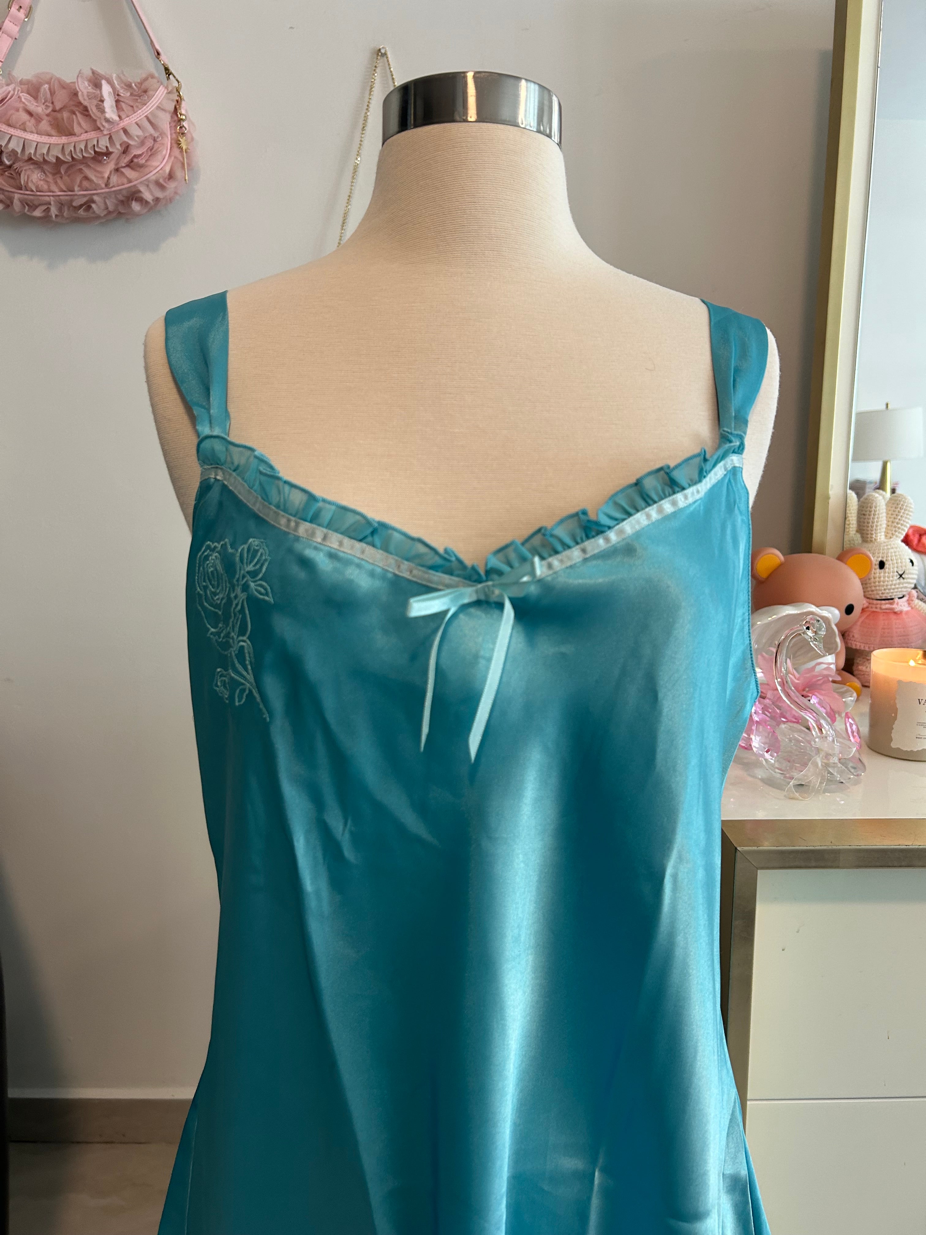 Y2K Teal Satin Slip Dress-L