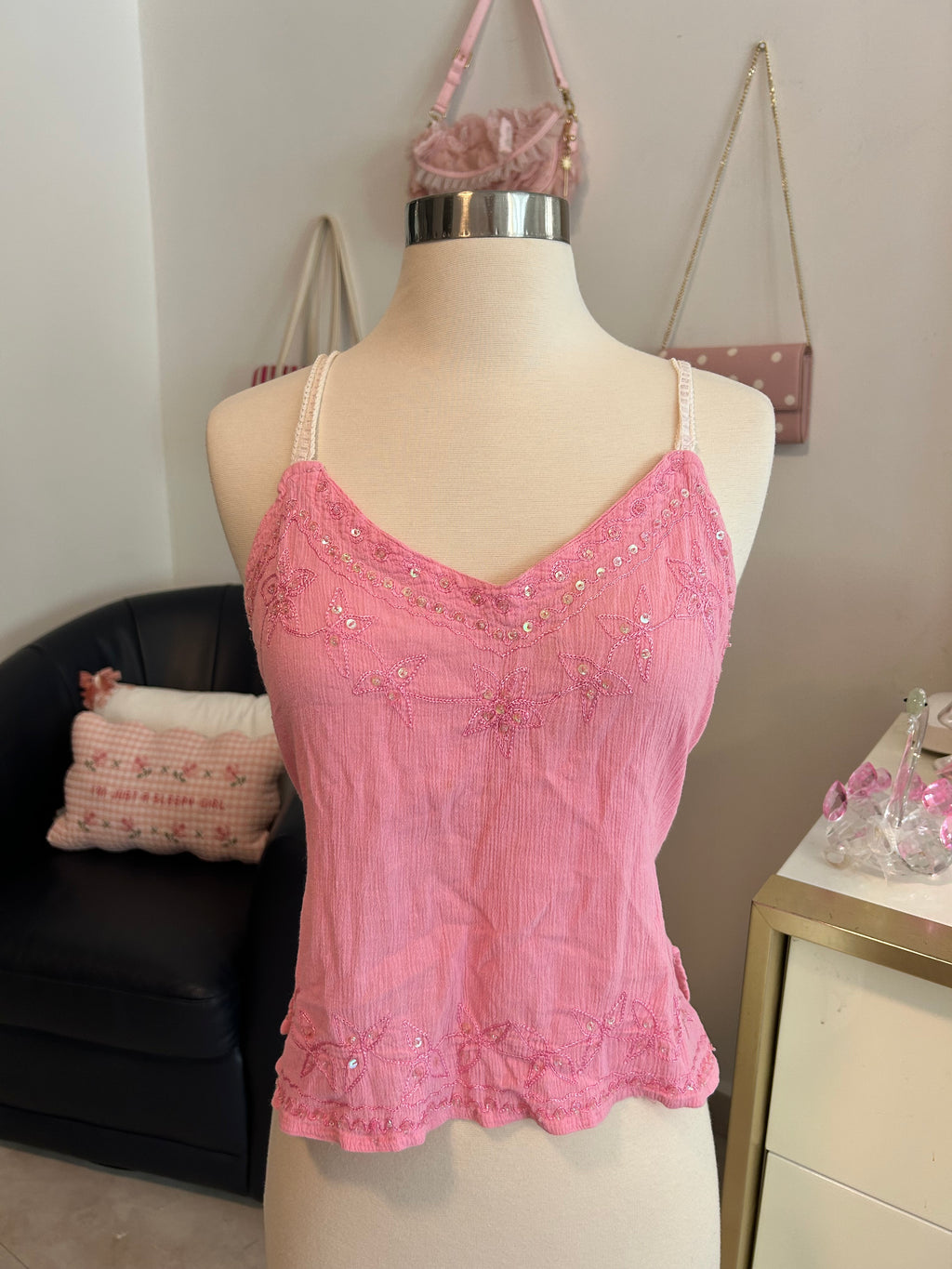 Embroidered Sequin Embroidered Tie Back Top-L