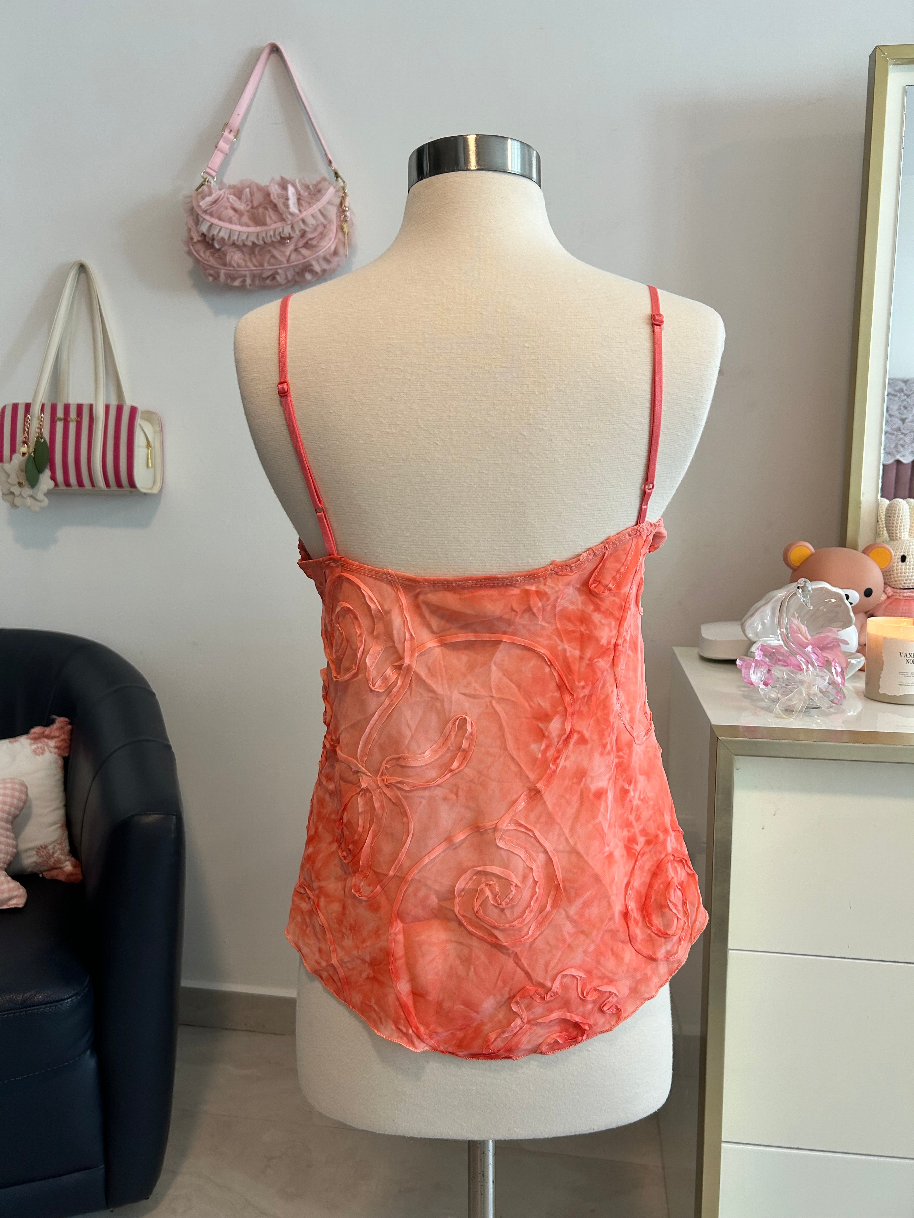 Y2K Glam Coral Swirl Pattern Top-M