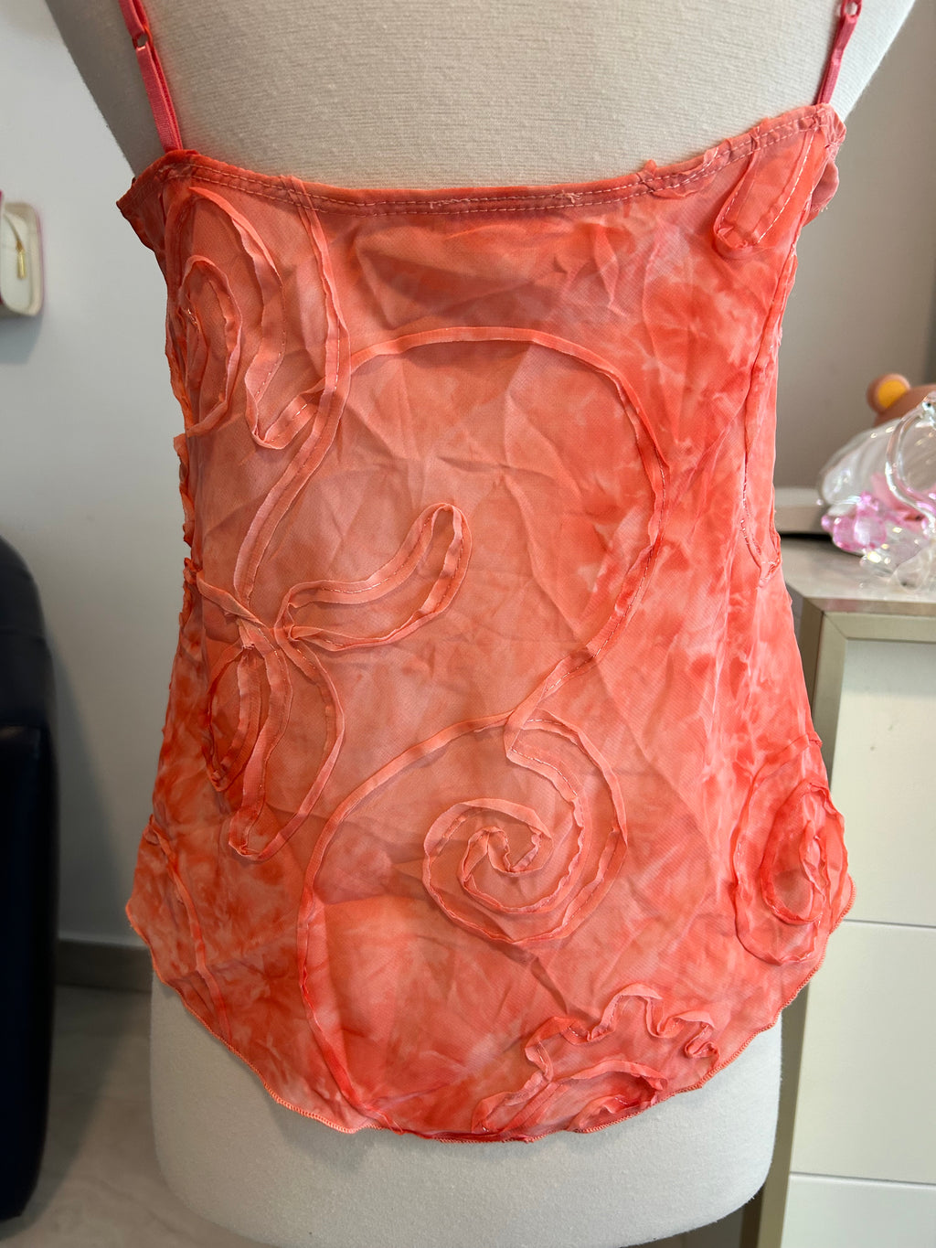 Y2K Glam Coral Swirl Pattern Top-M