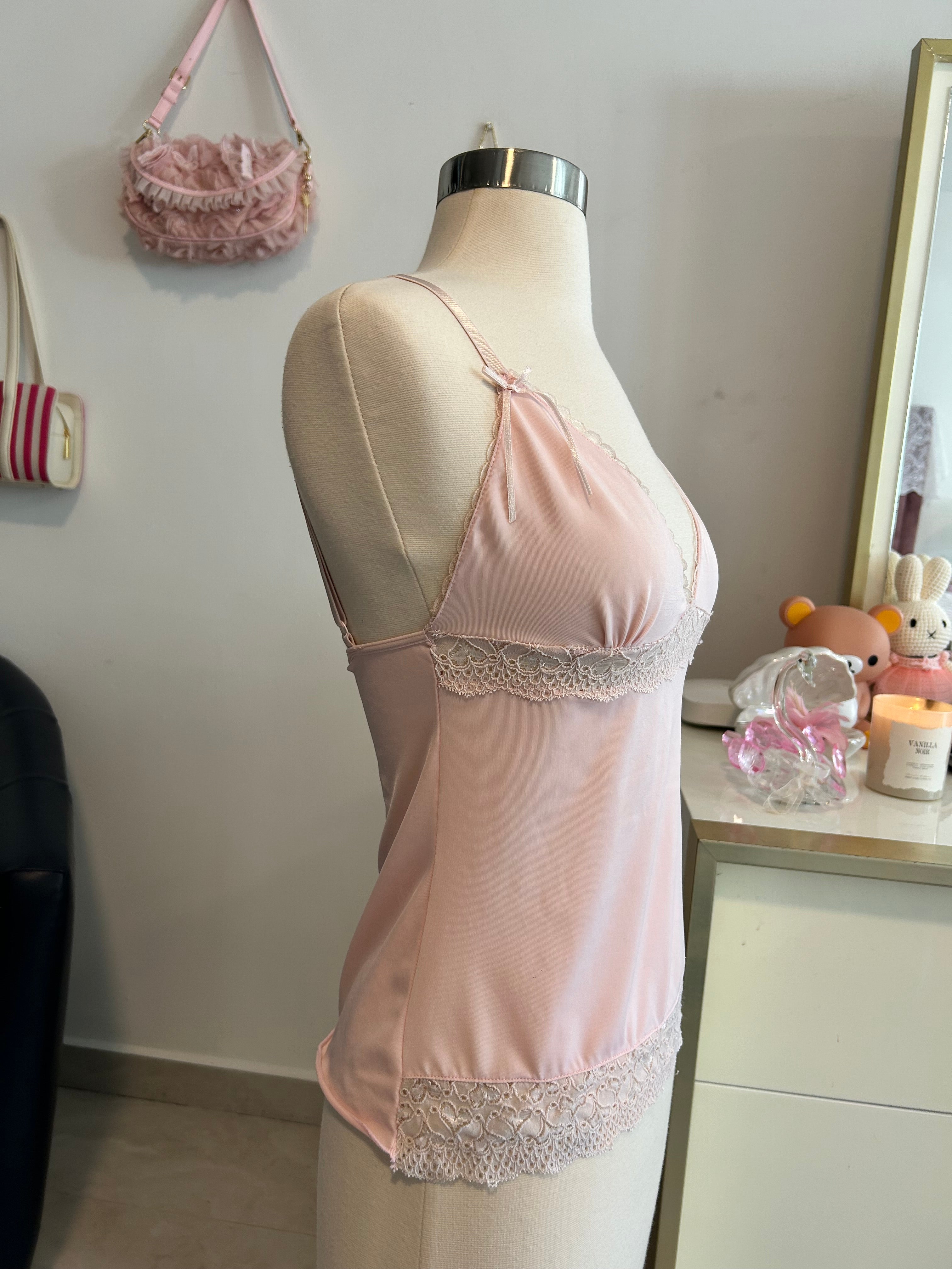 Y2K Baby Pink Lace Tank-M