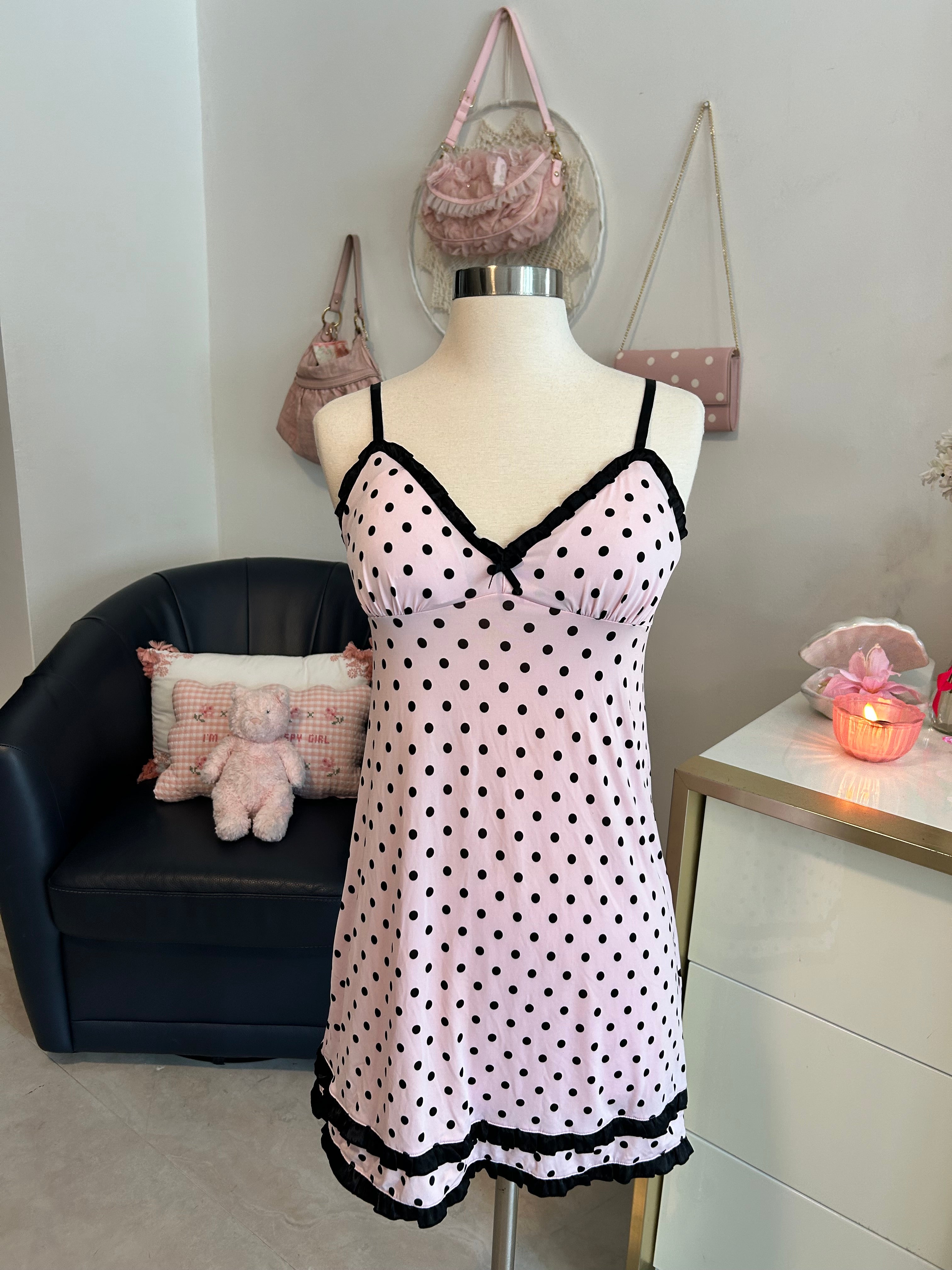 Jenni Intimates Pink Polka Dot Babydoll Dress-S