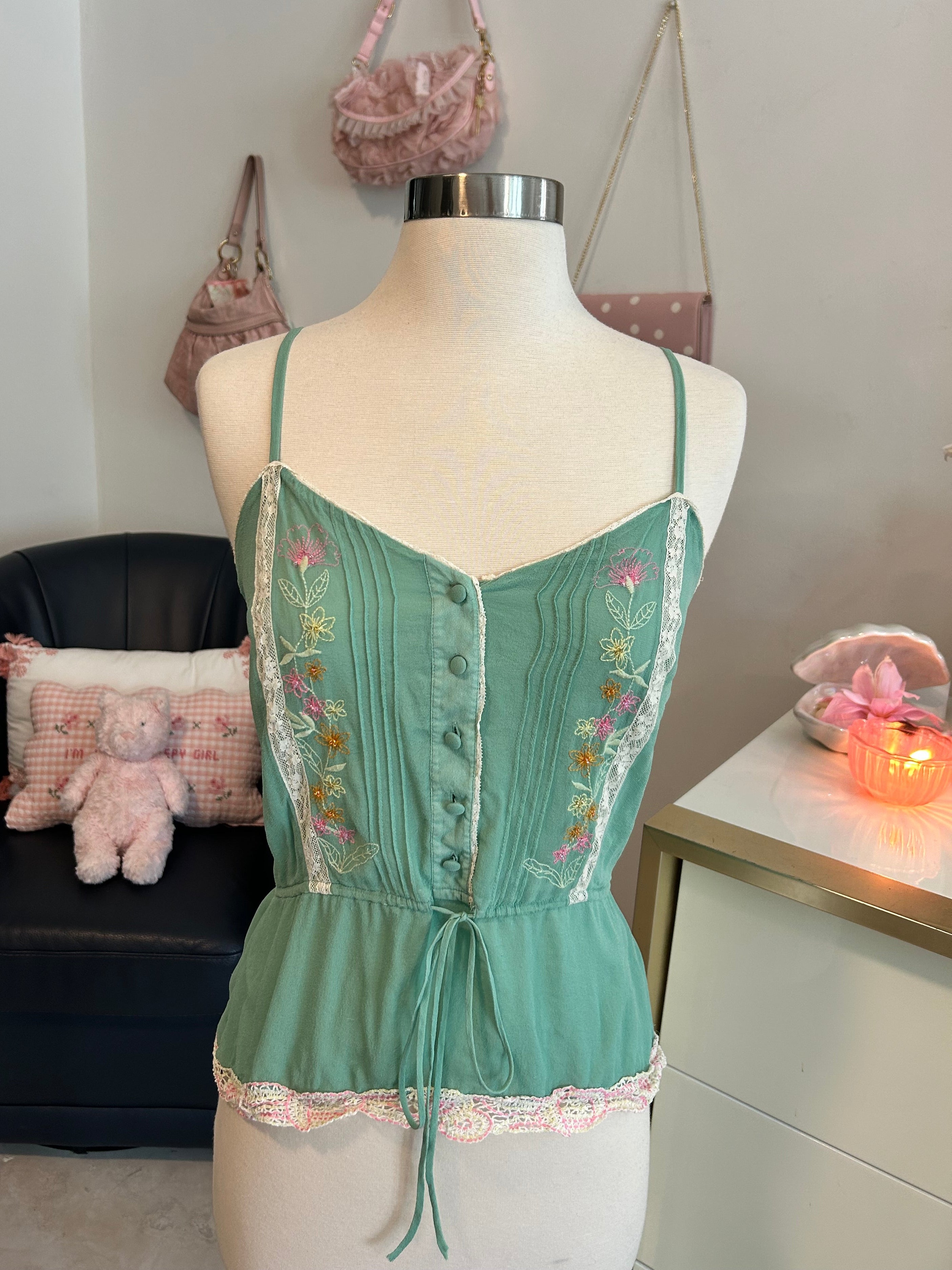 Mint Tie Waist Blouse With Beading and Embroidery-XS