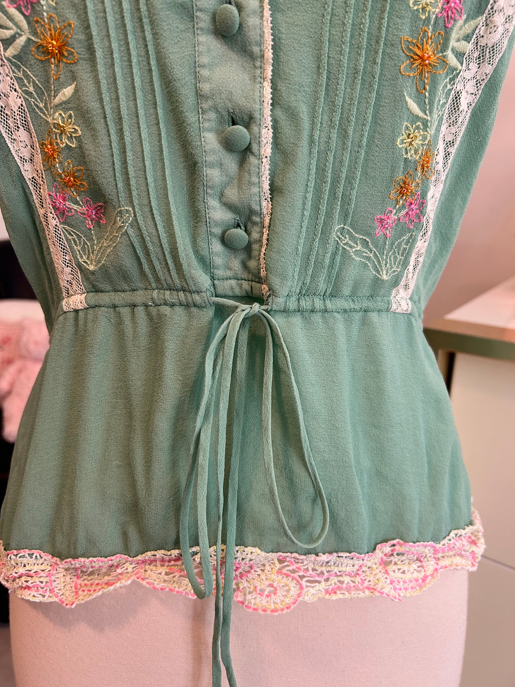 Mint Tie Waist Blouse With Beading and Embroidery-XS