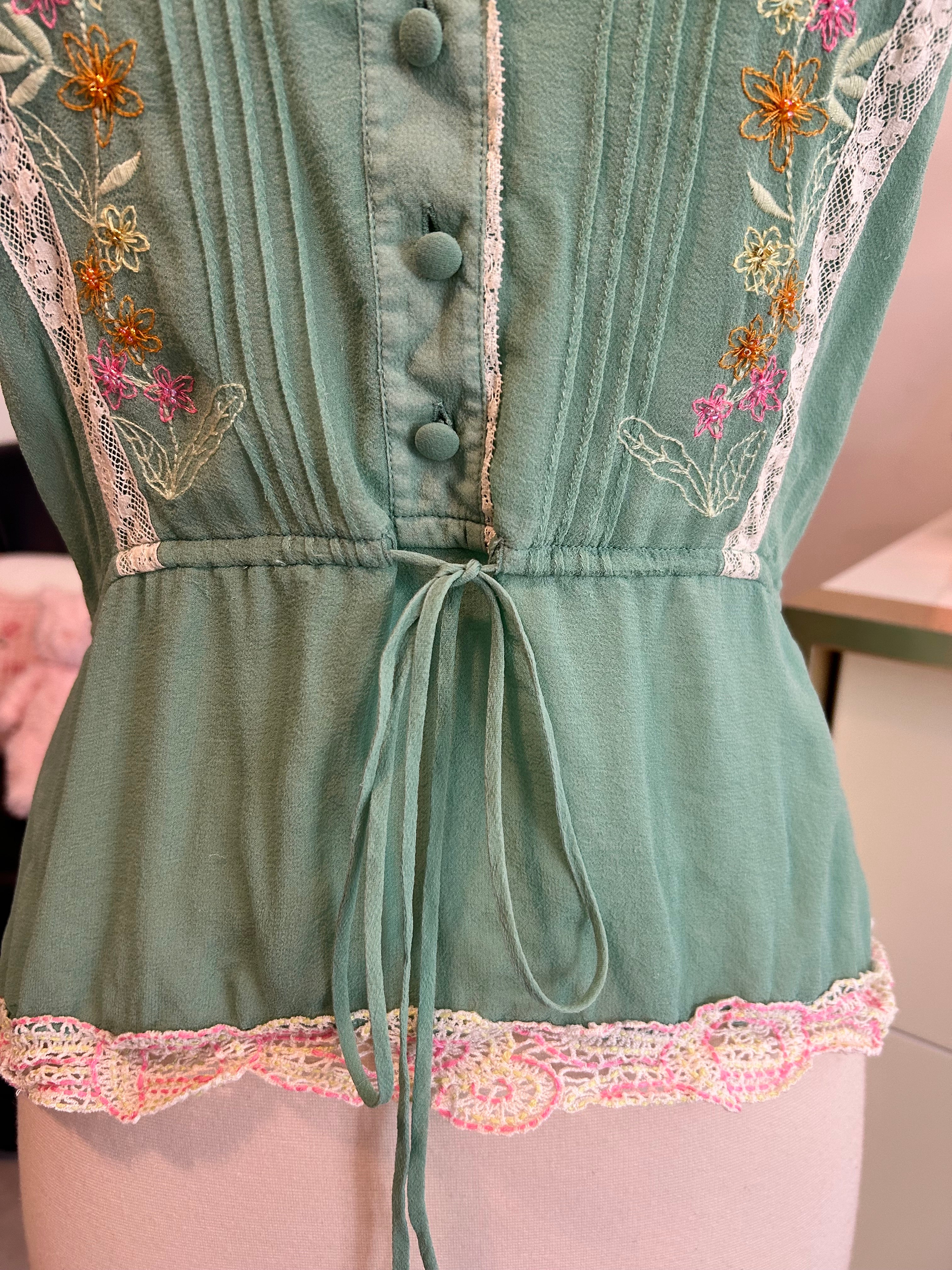 Mint Tie Waist Blouse With Beading and Embroidery-XS