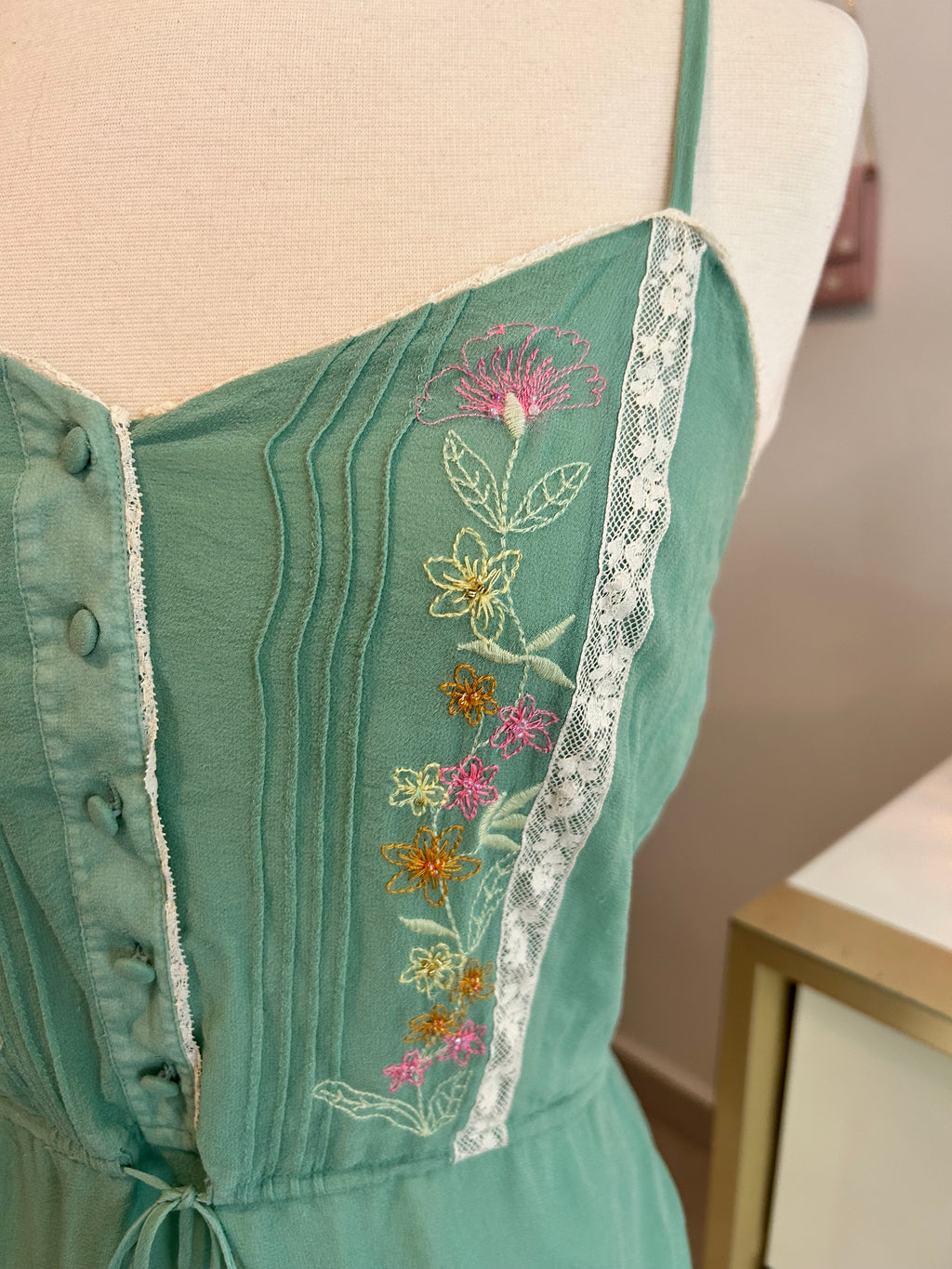 Mint Tie Waist Blouse With Beading and Embroidery-XS